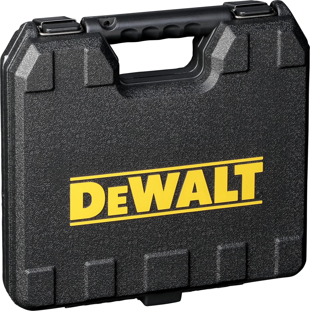 Een zwarte kunststof DeWalt gereedschapskoffer met een geel logo tegen een witte achtergrond.