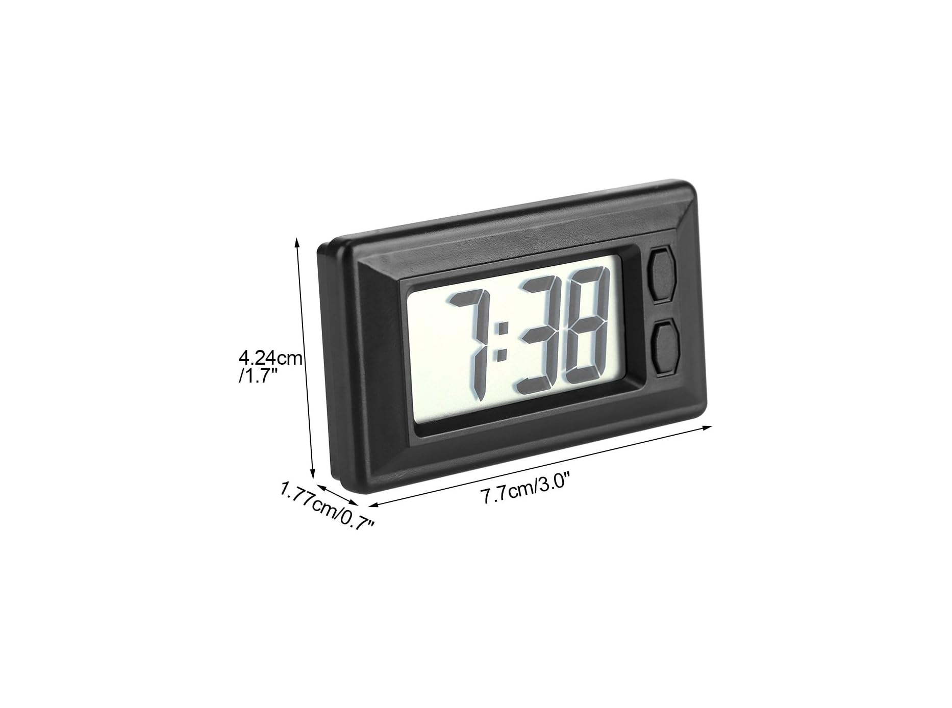 Schwarze Mini-Digitaluhr mit LED-Anzeige und Maßangaben in Zentimetern und Zoll auf weißem Hintergrund.