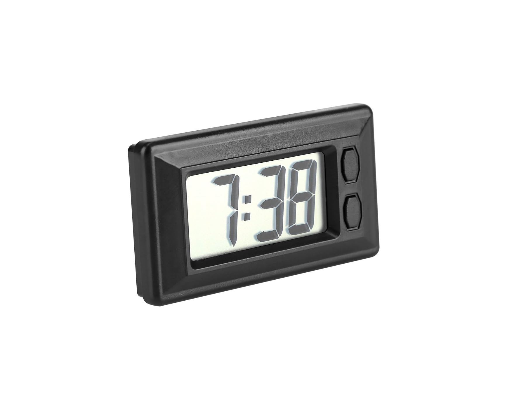 Eine kleine rechteckige schwarze Digitaluhr zeigt 7:38 auf weißem LCD-Display.