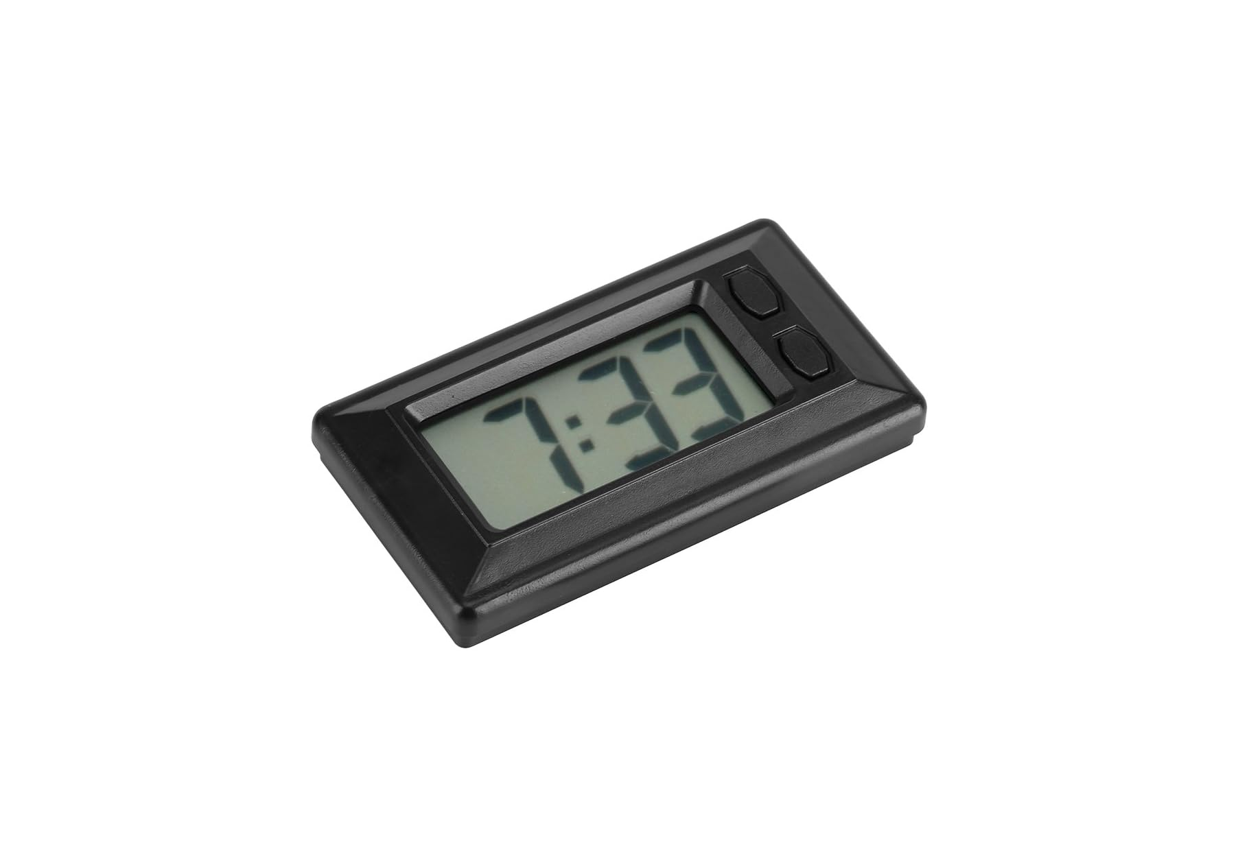Eine kleine rechteckige schwarze Digitaluhr mit grauem Display und zwei Tasten auf weißem Hintergrund.