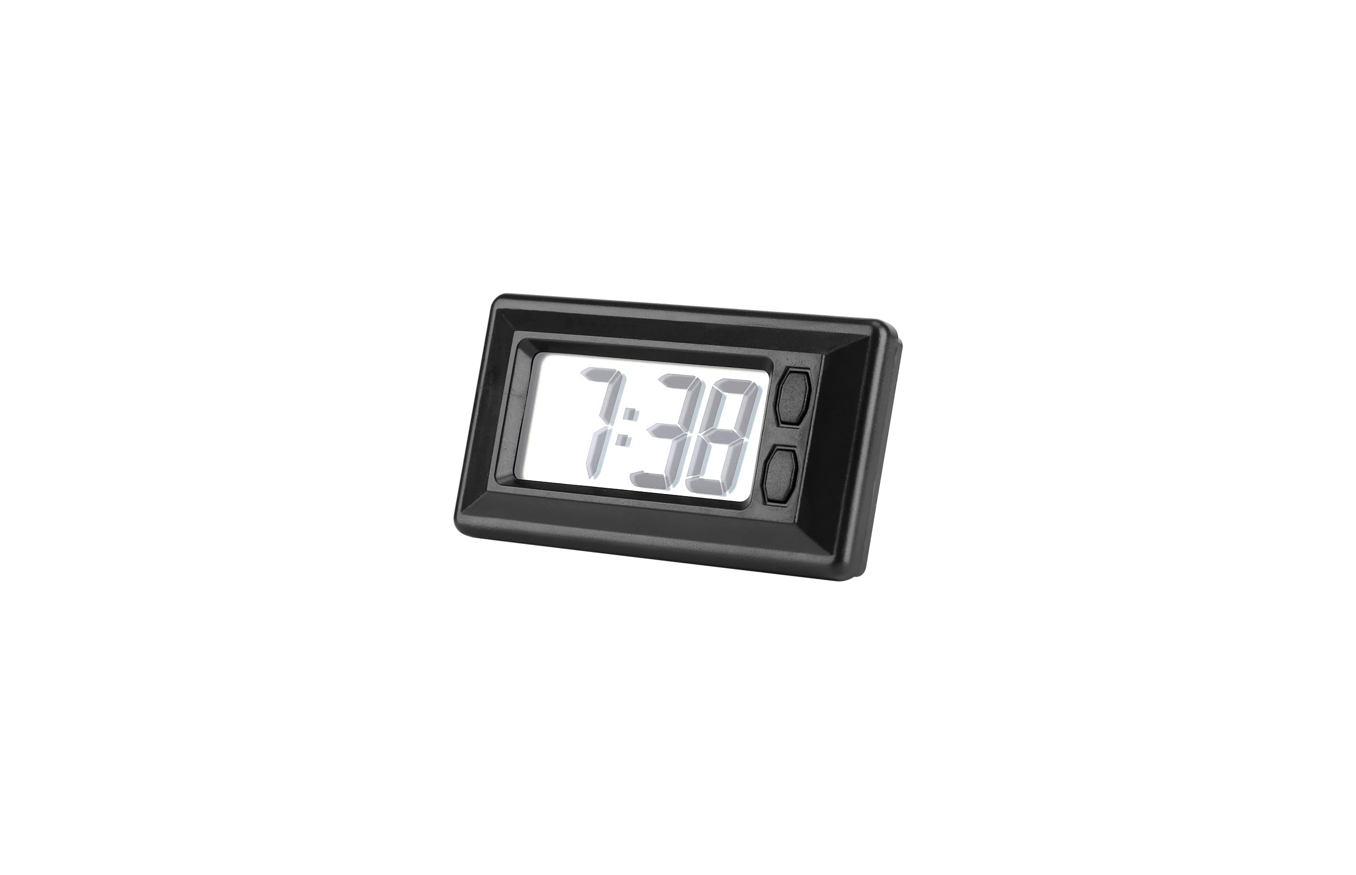 Eine kleine rechteckige schwarze Digitaluhr mit grauer Anzeige zeigt 7:38 auf weißem Hintergrund.