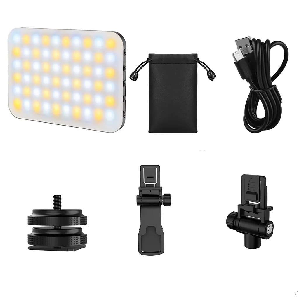 LED-Panel, schwarze Tasche, USB-Kabel und Halterungen.