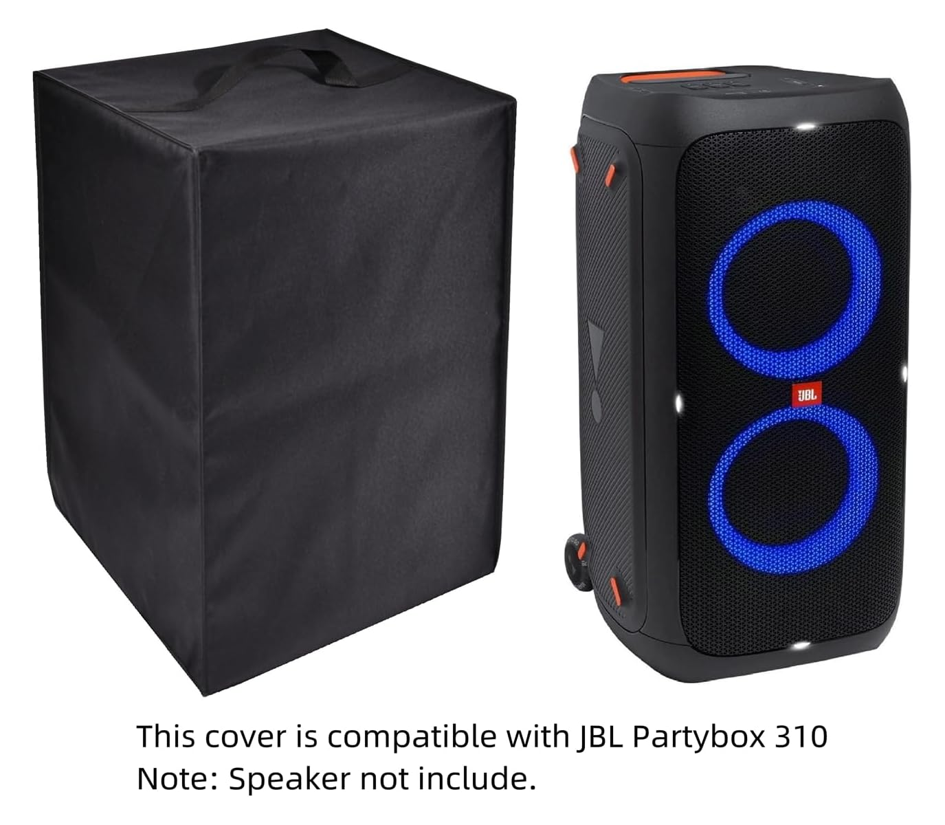 Eine schwarze Schutzhülle neben einem JBL Partybox 310 Lautsprecher mit blau leuchtenden Ringen.