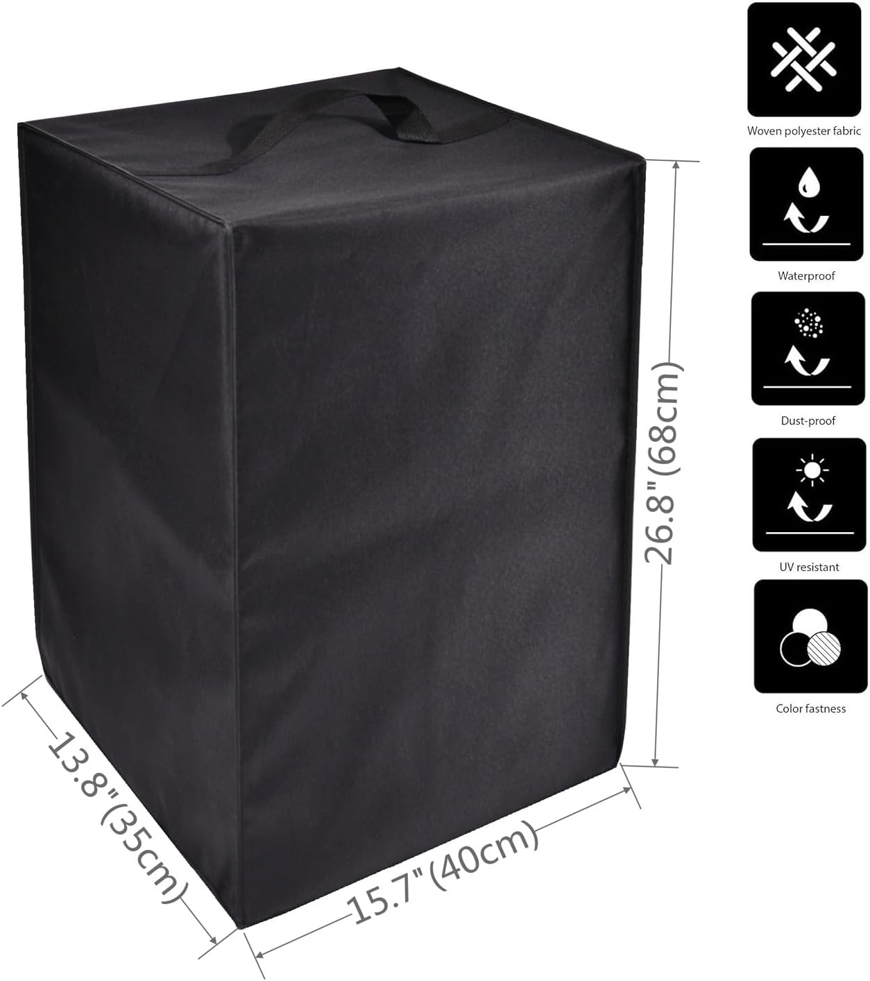 Schwarze, wasserdichte Polyester-Schutzhülle mit Maßen und Icons auf der rechten Seite.