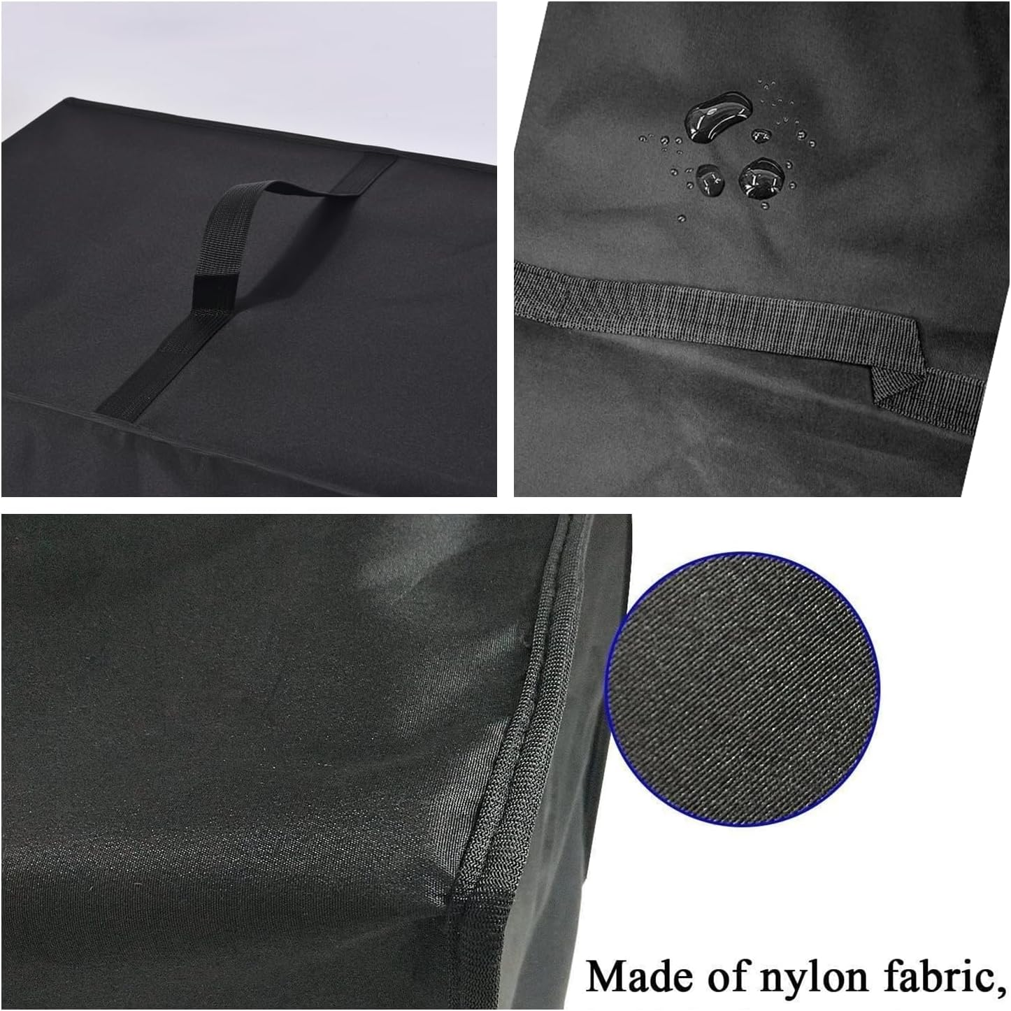Schwarze Nylontasche mit Griff und Wassertropfen auf der Oberfläche sowie Nahaufnahme des Stoffes.