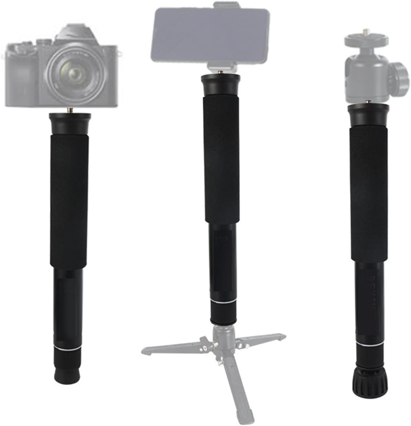 Drei Konfigurationen eines schwarzen Selfie-Sticks mit Kamera, Smartphone auf Stativ und Kugelkopfhalterung.