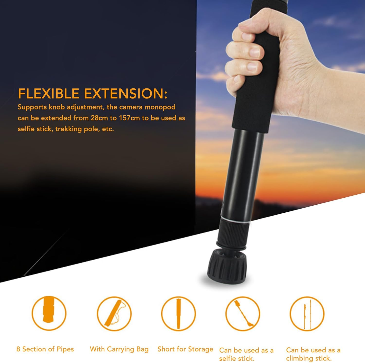 Eine Hand hält einen verstellbaren schwarzen Einbeinstab vor Sonnenuntergang mit Produkttext.