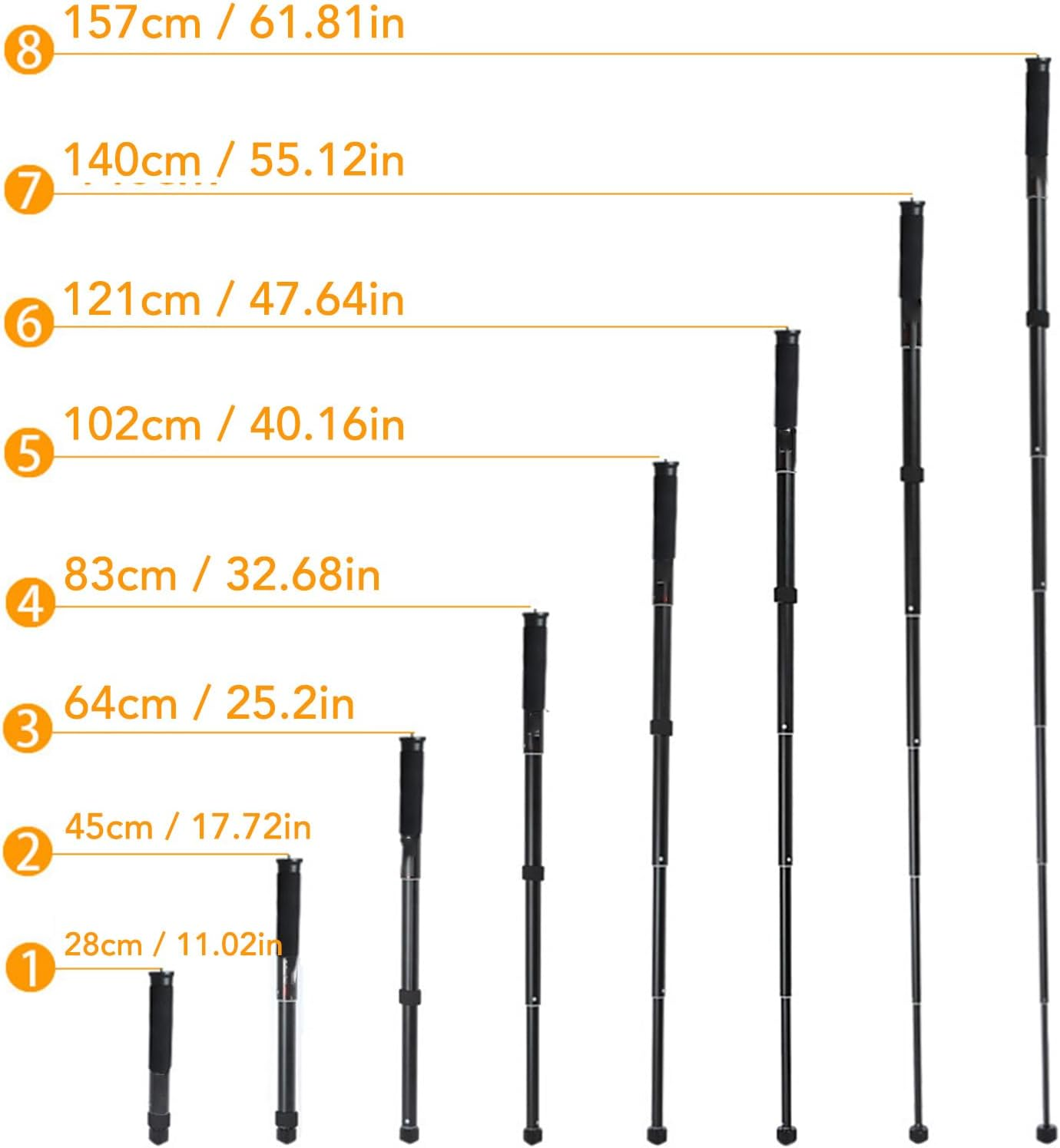 Diagramm mit acht Höhenstufen einer schwarzen Teleskopstange von 28 cm bis 157 cm.