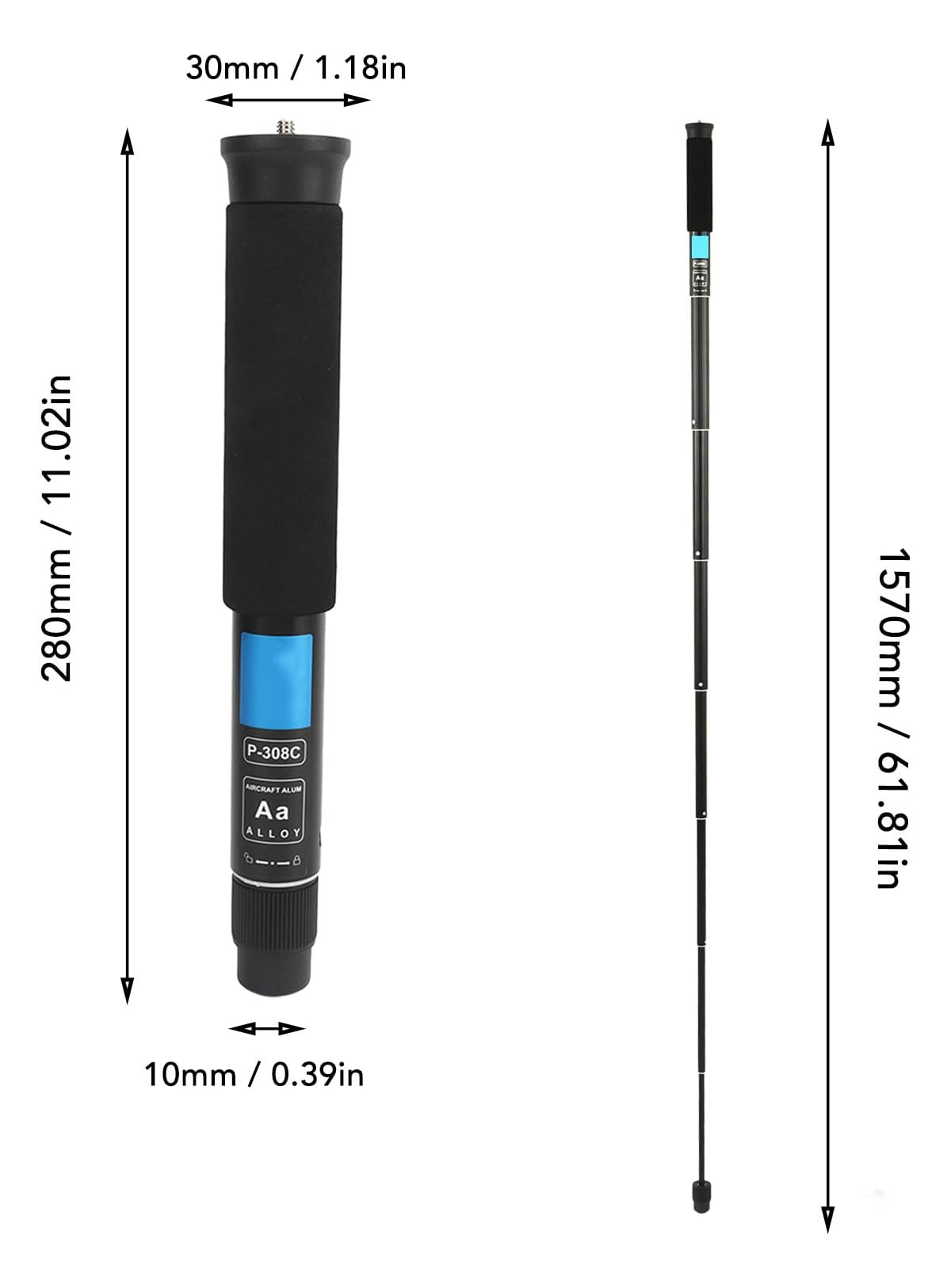 Monopod-Maßdiagramm zeigt geschlossene und ausgefahrene Längen mit Durchmesser- und Längenangaben in mm und Zoll.