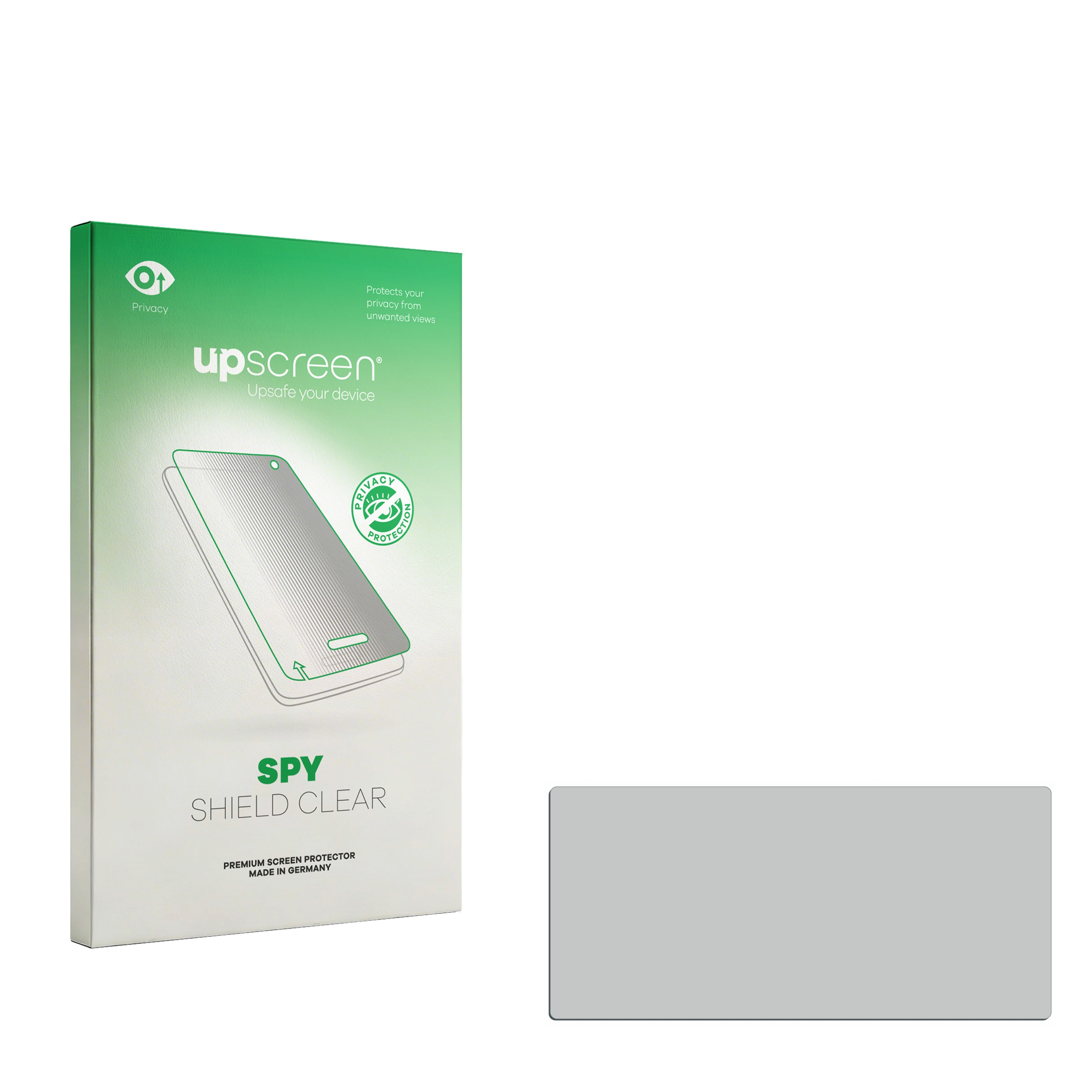 Grüne upScreen Spy Shield Clear Verpackung mit Bild einer Displayschutzfolie und separater grauer Folie.
