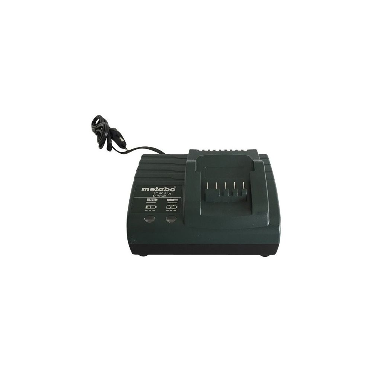 Cargador de batería verde Metabo SC 60 Plus Li-Power con cable de alimentación sobre fondo blanco.