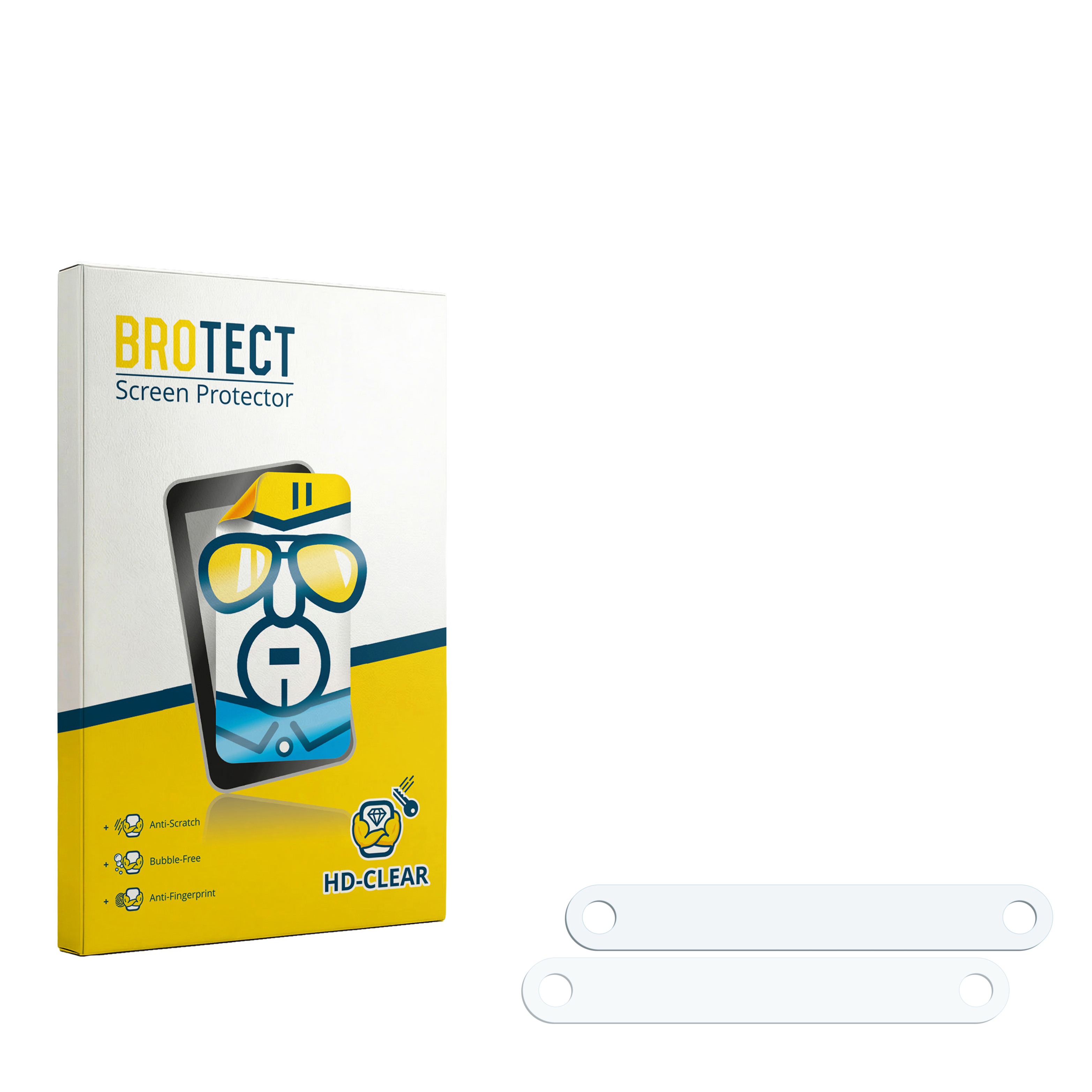 BROTECT Displayschutzfolie-Verpackung in Weiß und Gelb neben zwei transparenten Folien.