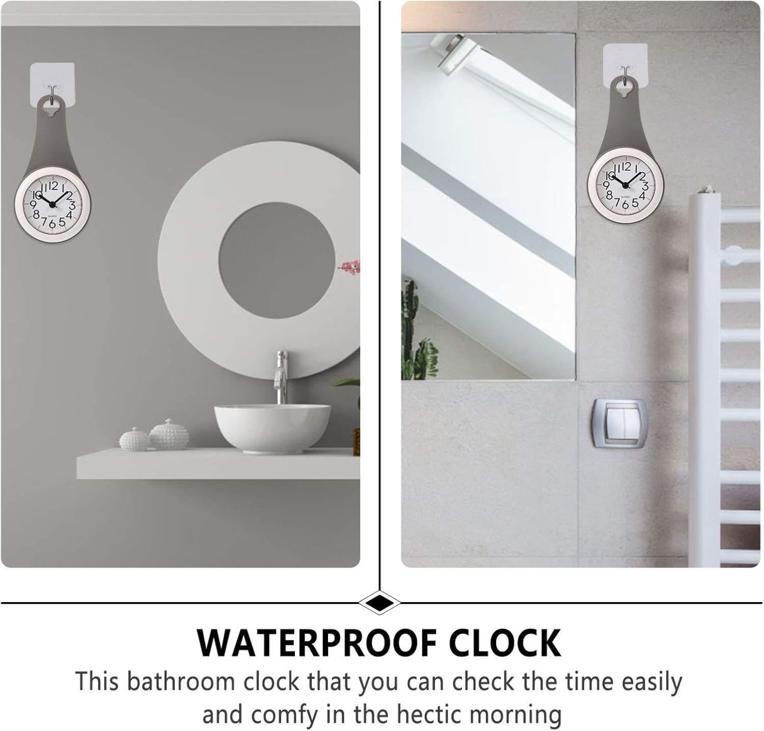 Eine wasserdichte graue Badezimmeruhr hängt an der Wand neben Spiegel und Waschbecken.