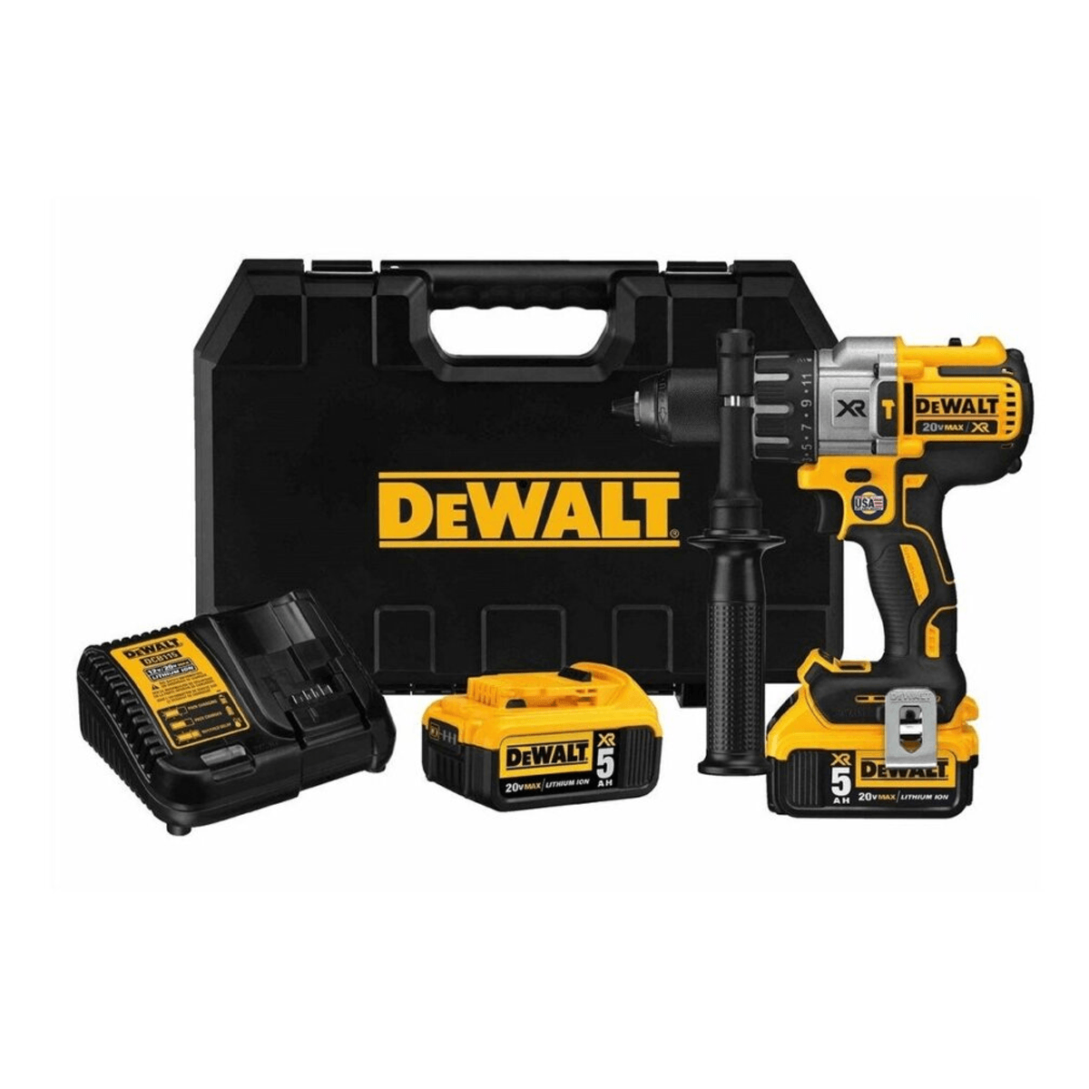 DeWalt accuboormachine set met boormachine, twee accu's, oplader en zwarte koffer tegen een witte achtergrond.