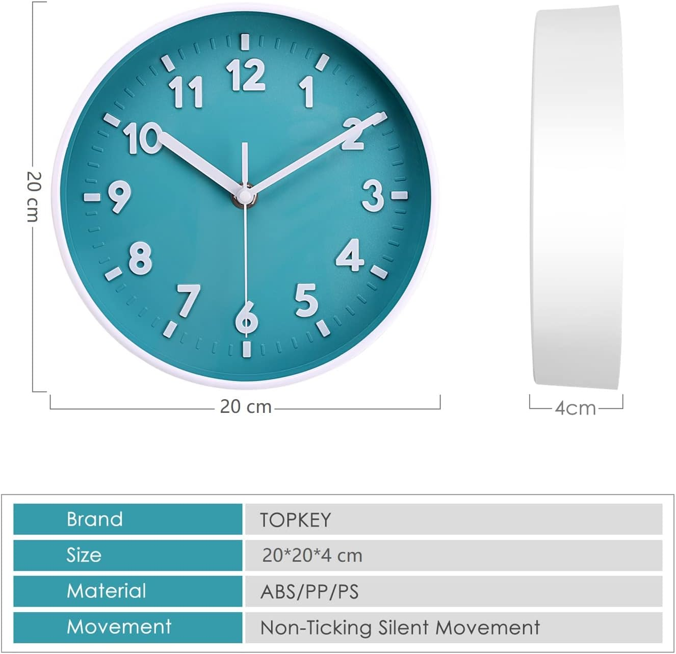 Türkisfarbene Wanduhr mit weißen Zahlen, 20 cm Durchmesser, 4 cm Dicke und Produktspezifikationen.