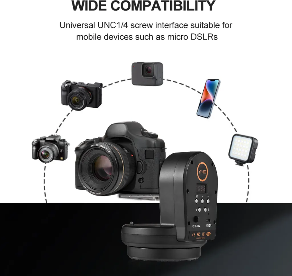 Eine schwarze motorisierte Kamerahalterung mit Linien zu DSLR, Actioncam, Smartphone und LED-Licht.