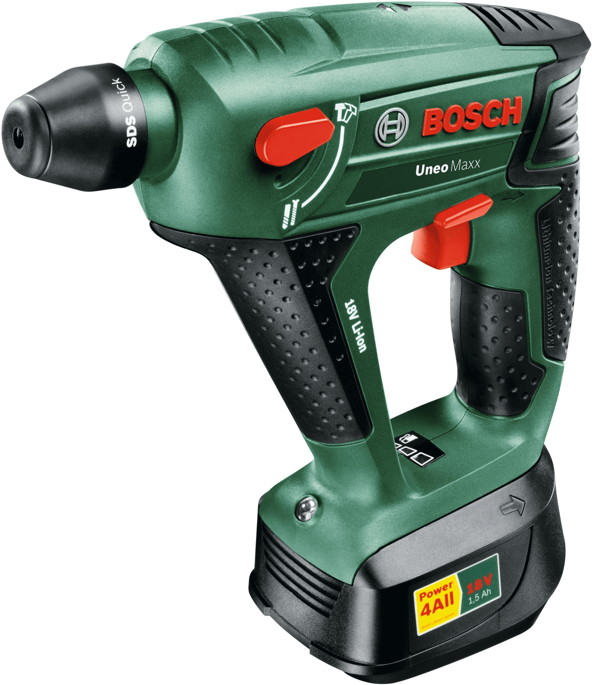 Martello tassellatore a batteria Bosch Uneo Maxx verde e nero con interruttore rosso su sfondo bianco.