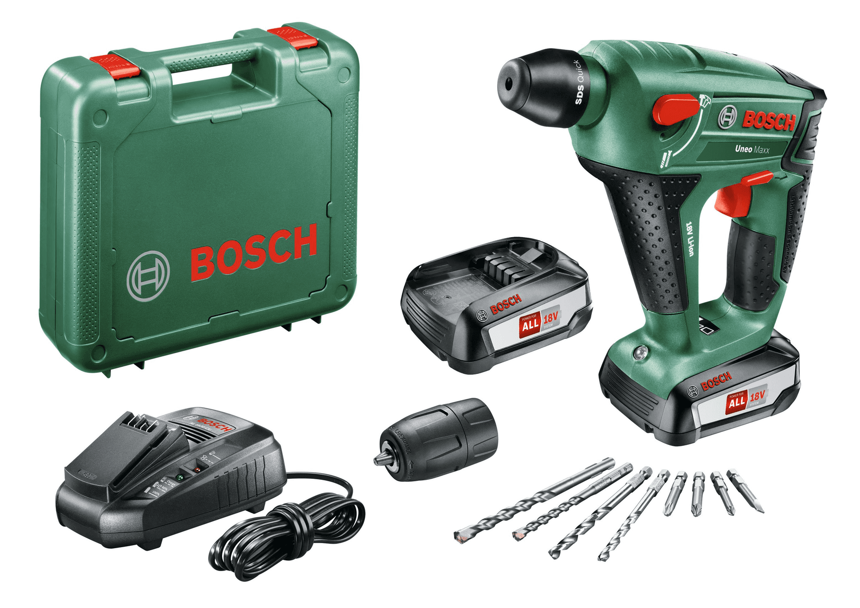Set trapano a batteria Bosch verde e nero con valigetta, batteria, caricabatterie, punte e adattatore su sfondo bianco.