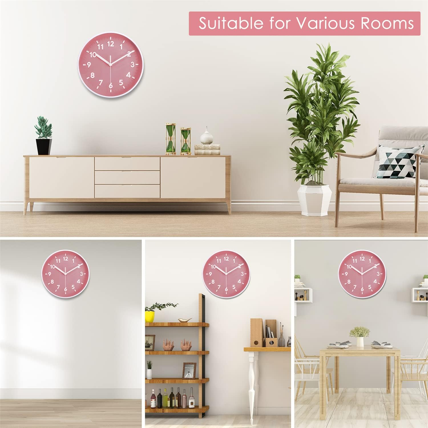 Collage von Zimmern mit einer rosa Wanduhr in Wohnzimmer, Essbereich und Büro.