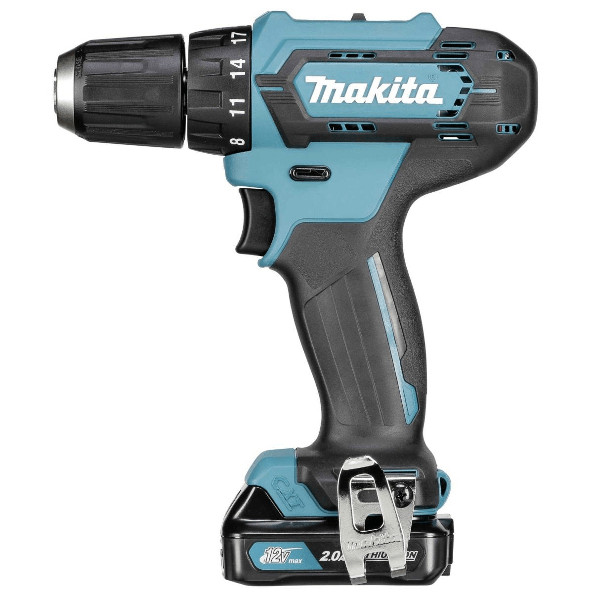Trapano a batteria Makita azzurro e nero con mandrino nero su sfondo bianco.