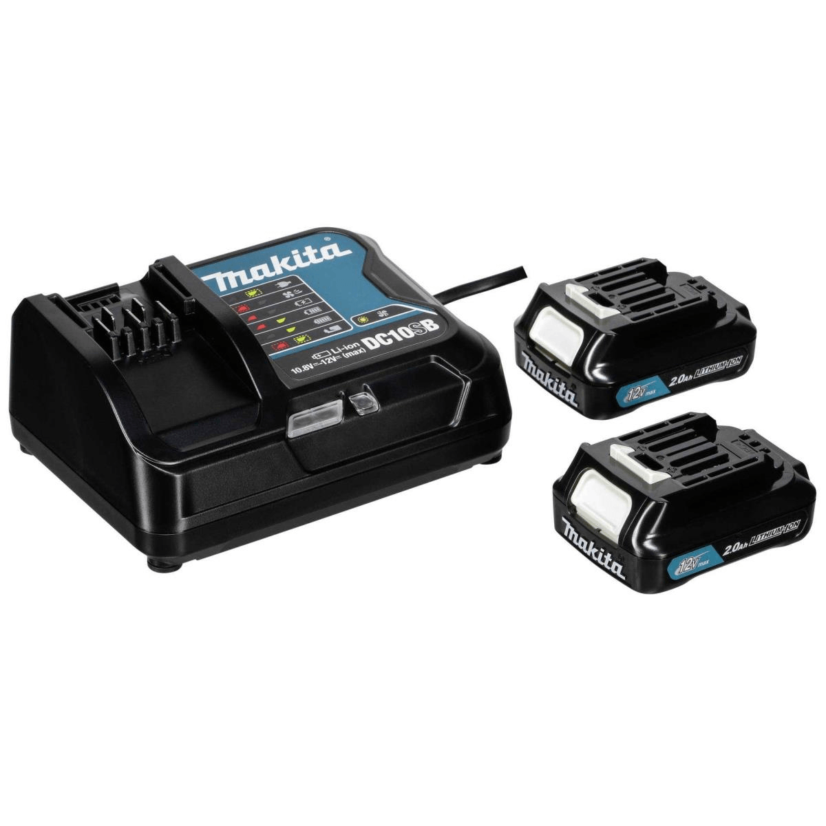 Un caricabatterie Makita nero e due batterie agli ioni di litio su sfondo bianco.