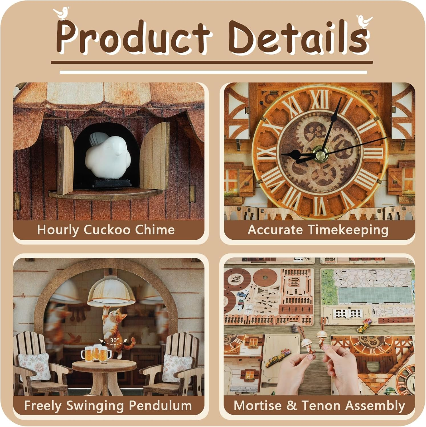 Produktdetails eines Holz-Kuckucksuhr-Modells mit Uhrwerk, Kuckucksvogel, schwingendem Pendel und Montage.
