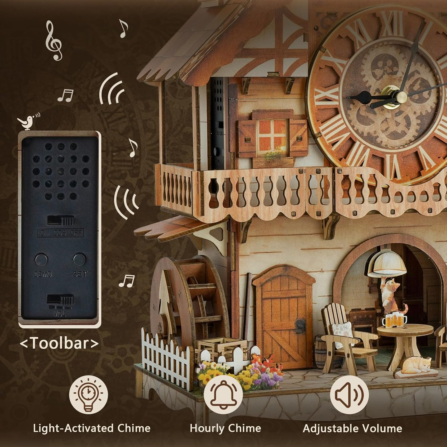 Ein hölzernes DIY-Kuckucksuhrmodell mit Wasserrad, Katzen, Möbeln und einer Toolbar für Ton- und Hefteinstellungen.
