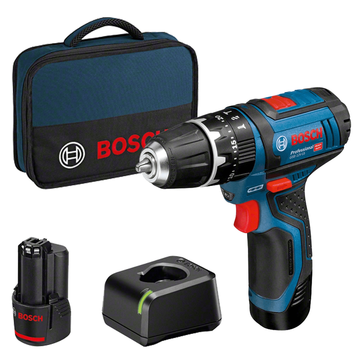 Trapano battente a batteria Bosch blu con caricabatterie, batteria e custodia.