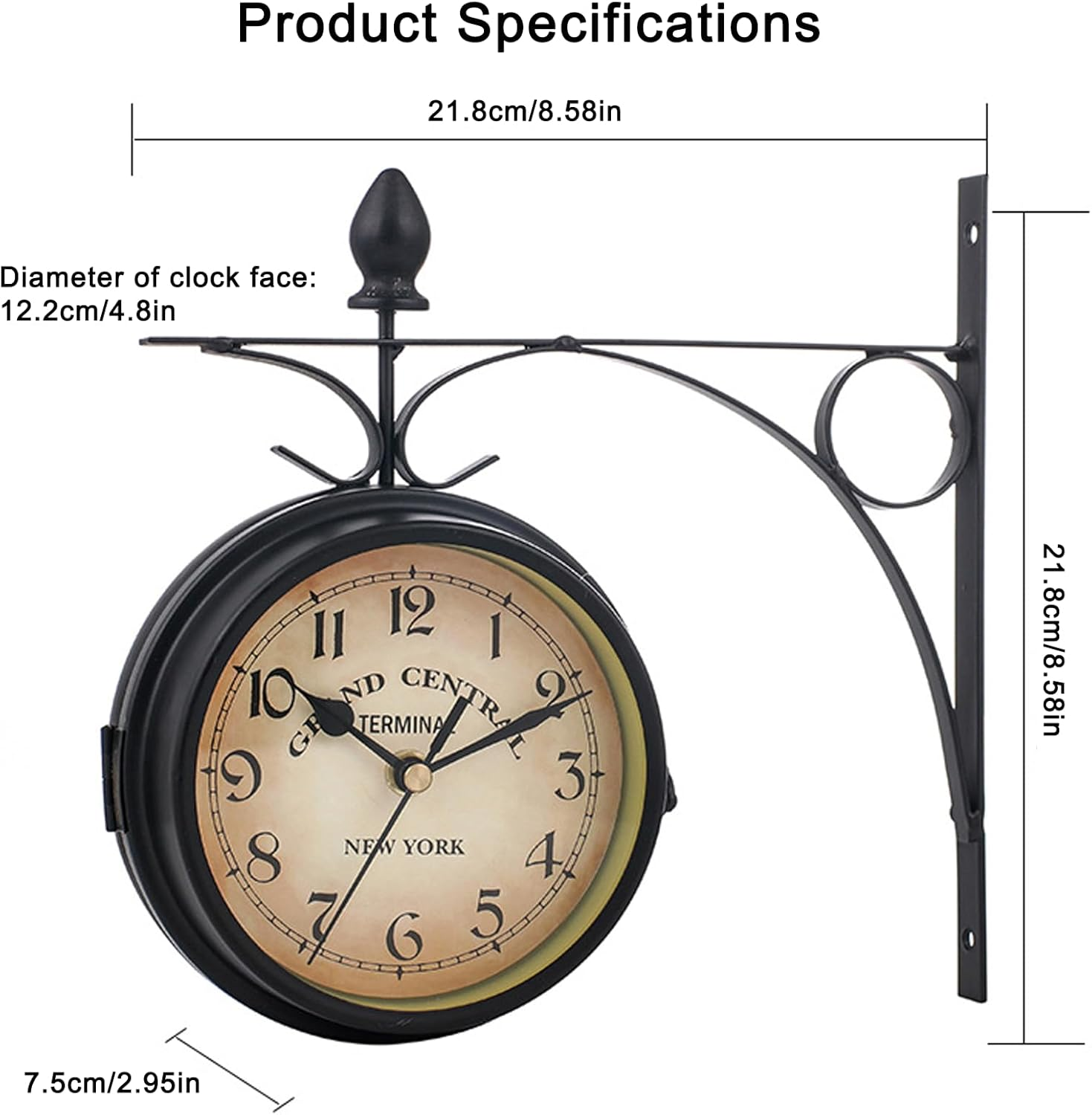 Produktspezifikationsdiagramm für eine schwarze, wandmontierte Bahnhofsuhr mit Maßangaben.