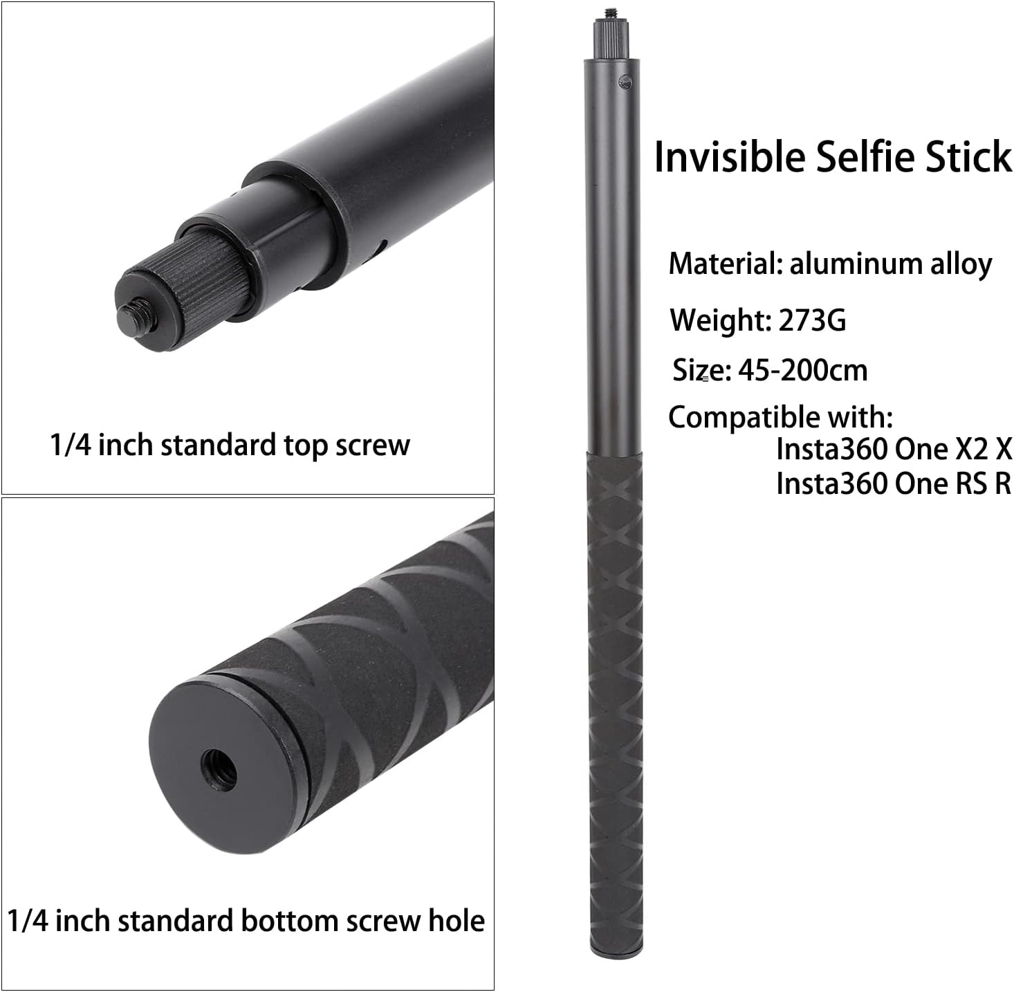 Unsichtbarer Selfie-Stick aus Aluminiumlegierung mit 1/4-Zoll-Gewinde und technischen Daten.