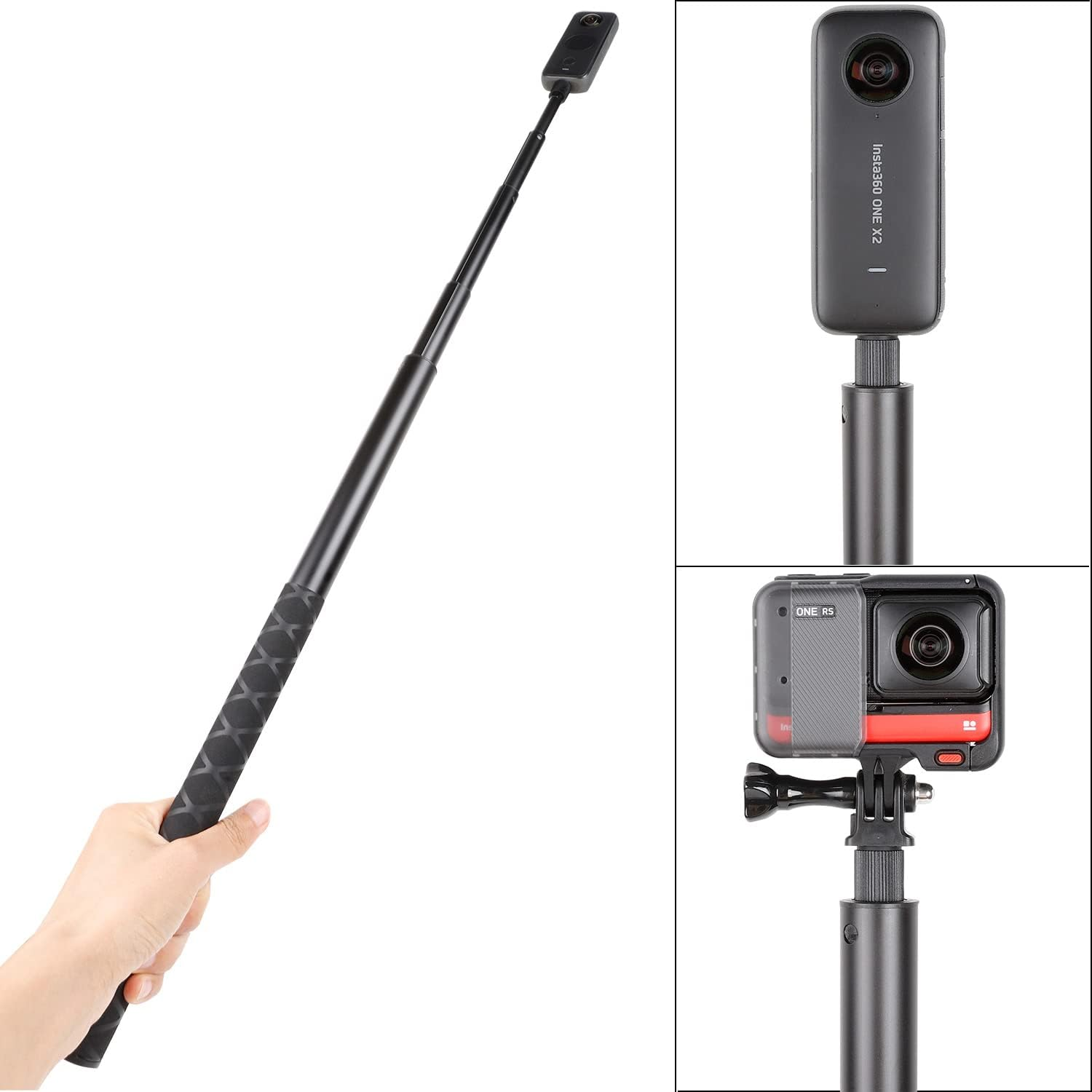 Eine Hand hält einen schwarzen Selfie-Stick mit montierten Insta360-Kameras in zwei Detailansichten.