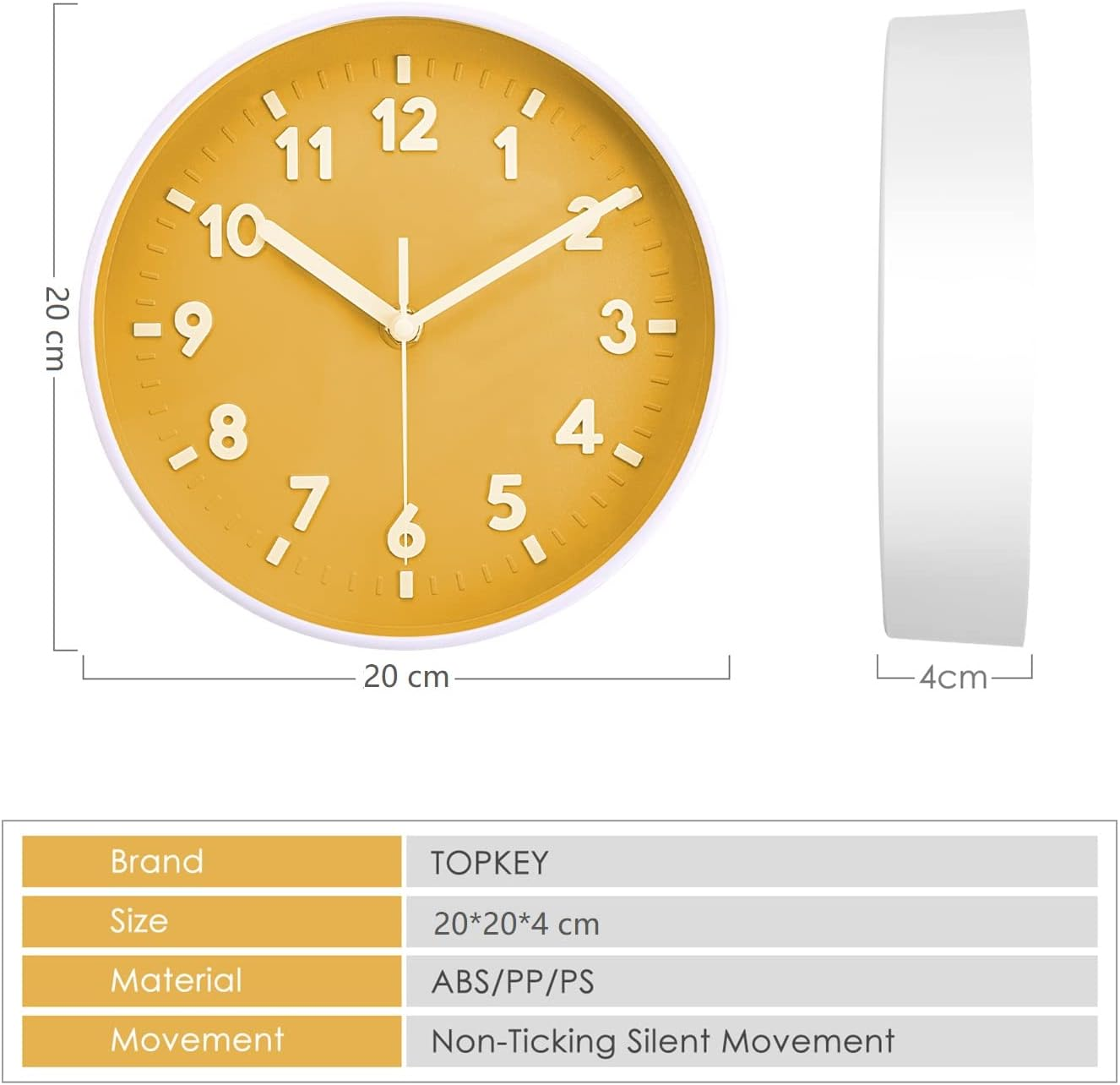 Gelbe Wanduhr mit weißen Zahlen, Zeigern und Rahmen, Maße 20x20x4 cm, mit Produktdaten unten.