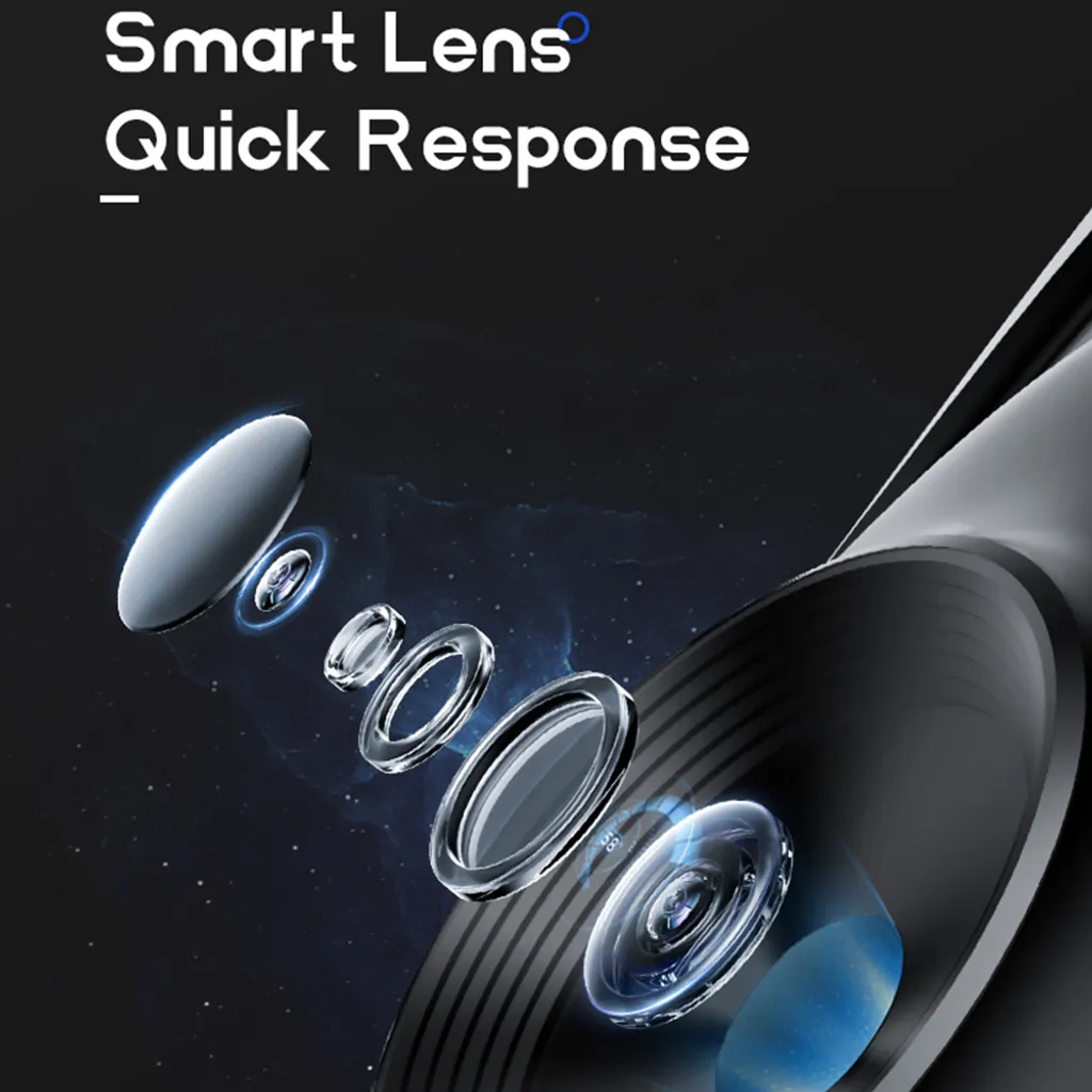 Ein erweiterter Blick auf Linsenelemente in einem dunklen Raum mit der Aufschrift Smart Lens Quick Response.