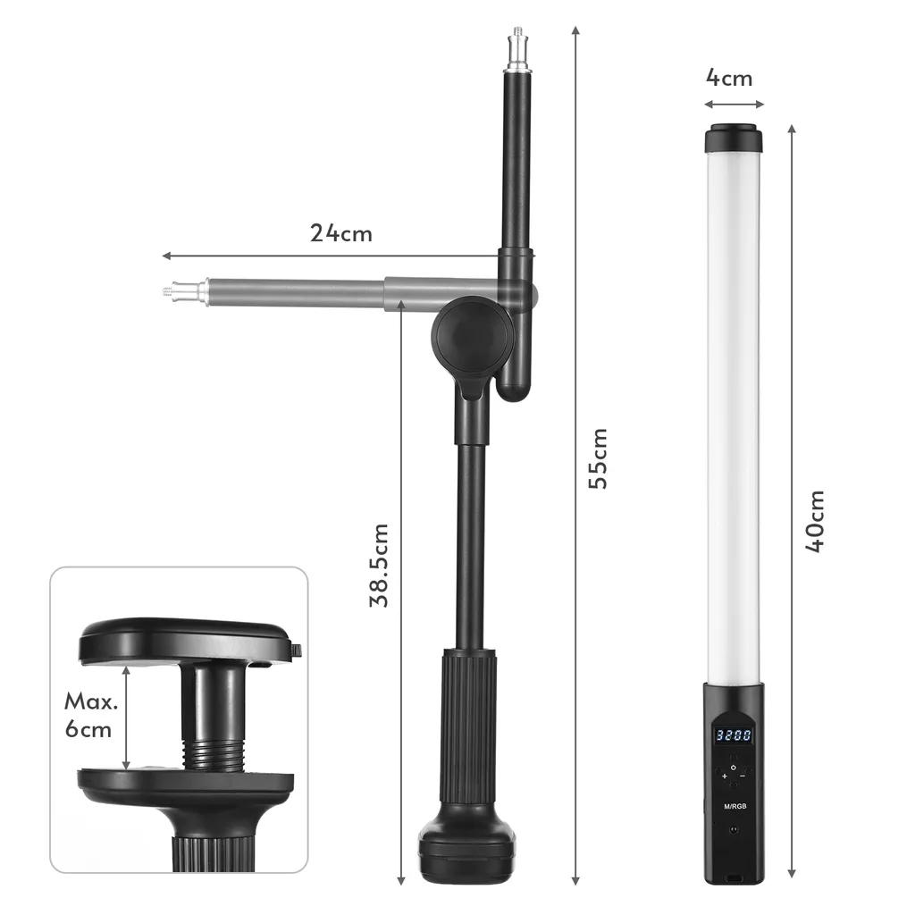 Technische Zeichnung eines LED-Stativs mit Maßen und Tischklemme.