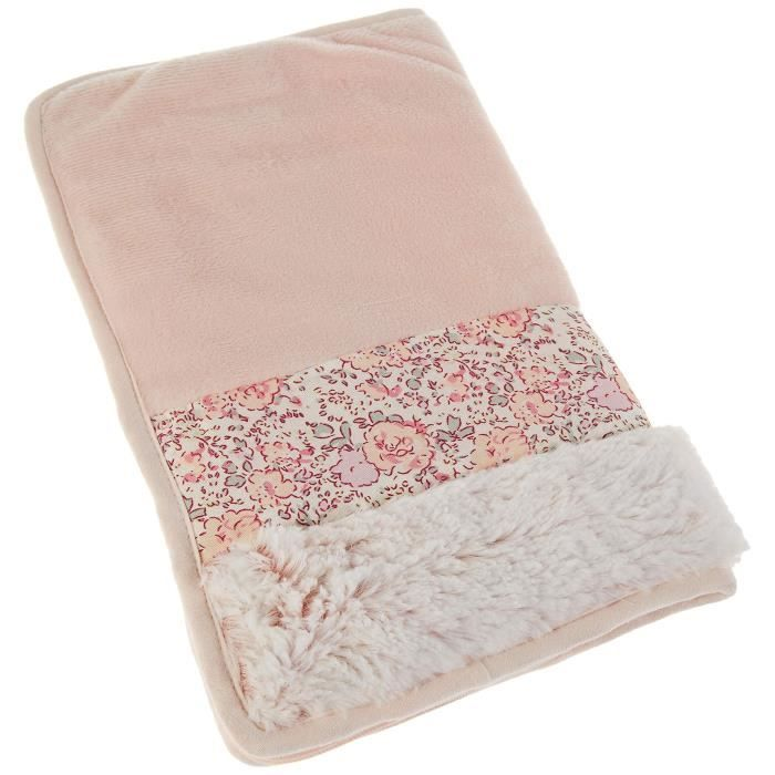 Copertura per borsa dell'acqua calda in pile rosa con fascia floreale e pelliccia.