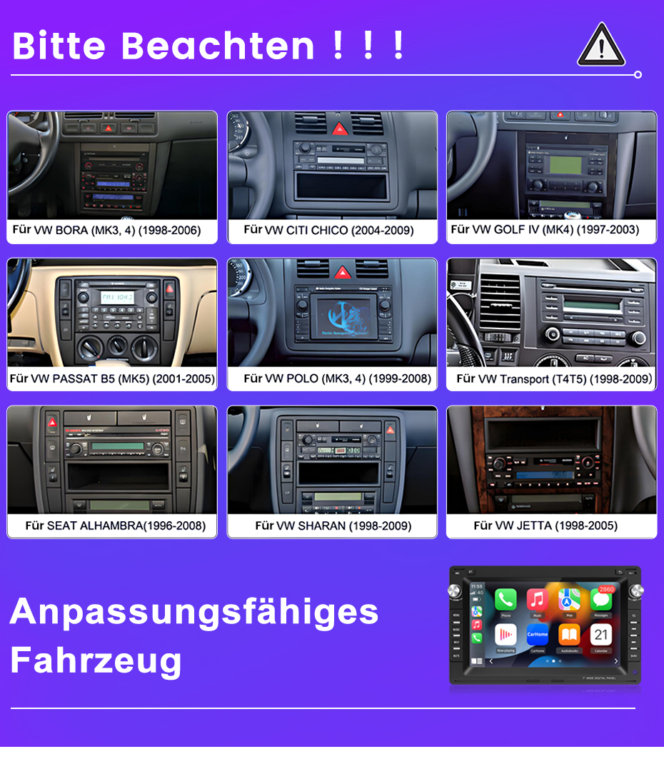 Różne wnętrza samochodów VW z systemami audio i etykietami kompatybilności.