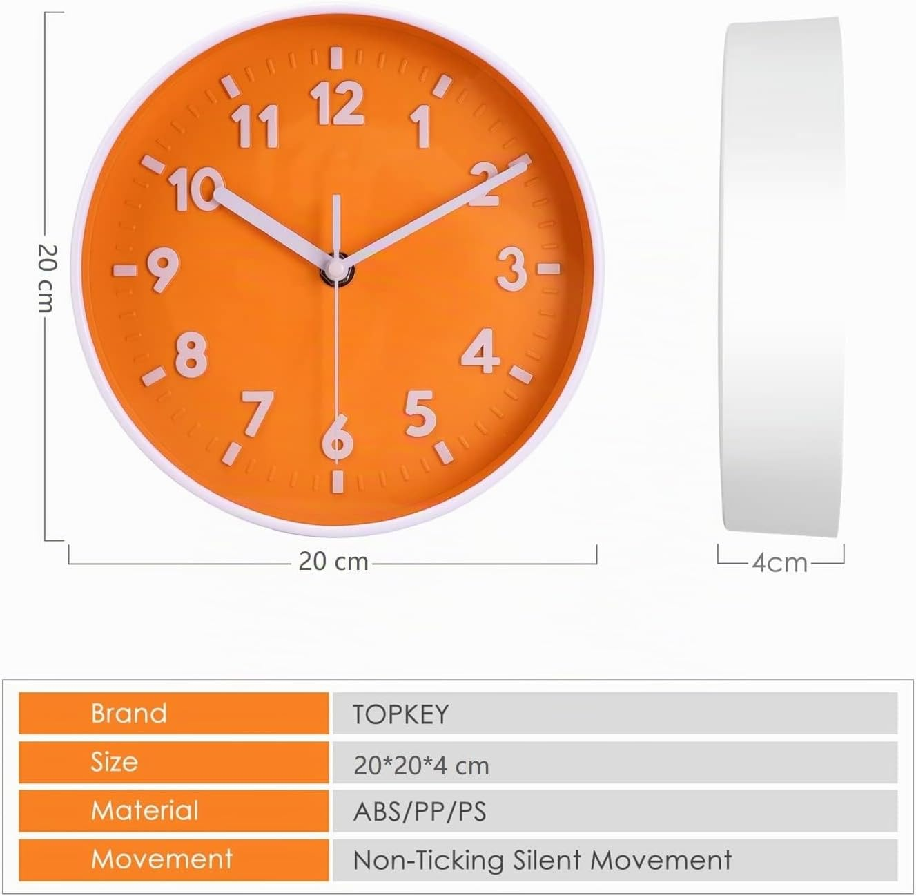 Eine orange Wanduhr mit weißen Zahlen und Zeigern, mit Maßen (20x20x4 cm) und einer Spezifikationstabelle.