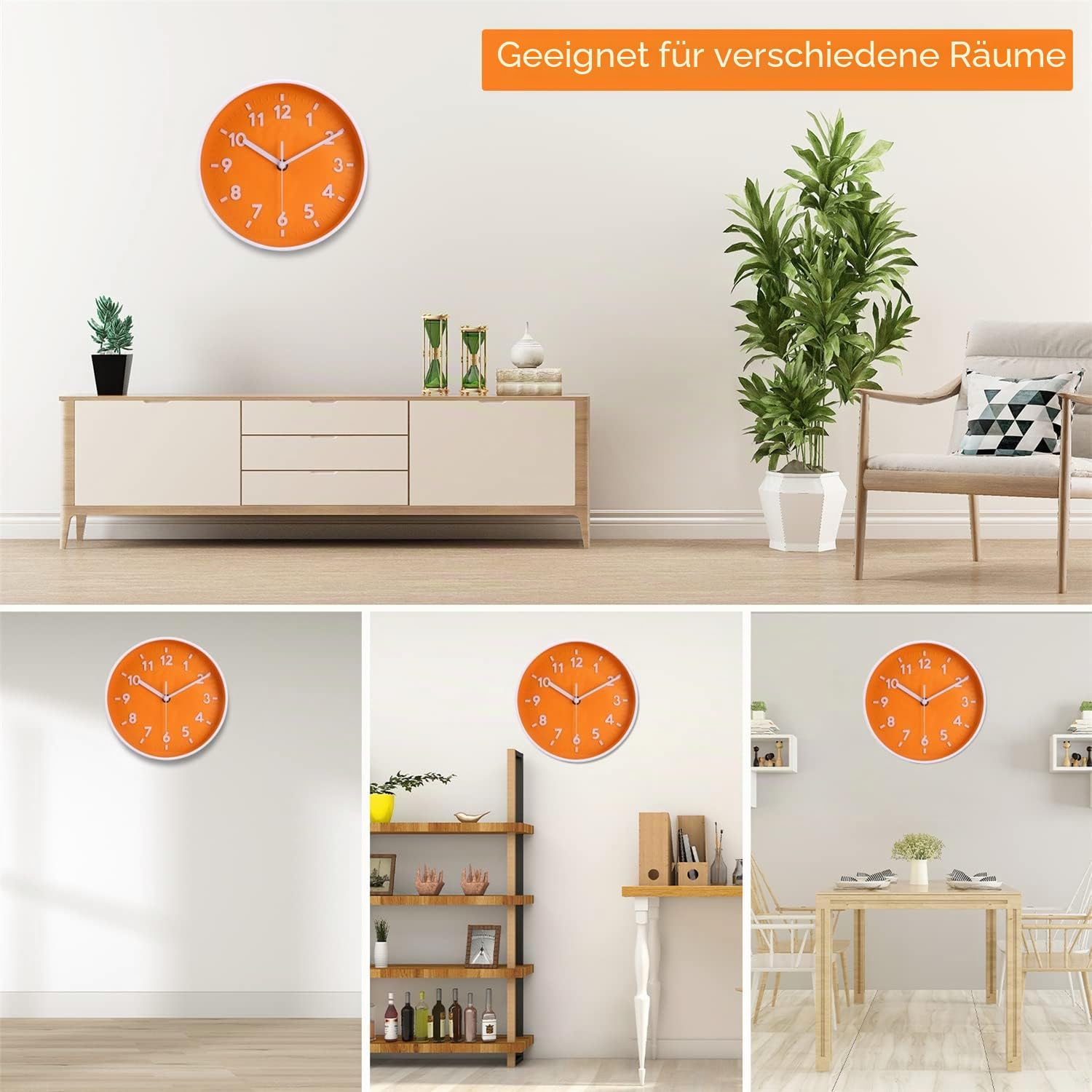 Eine orange Wanduhr in verschiedenen modernen Innenräumen gezeigt.