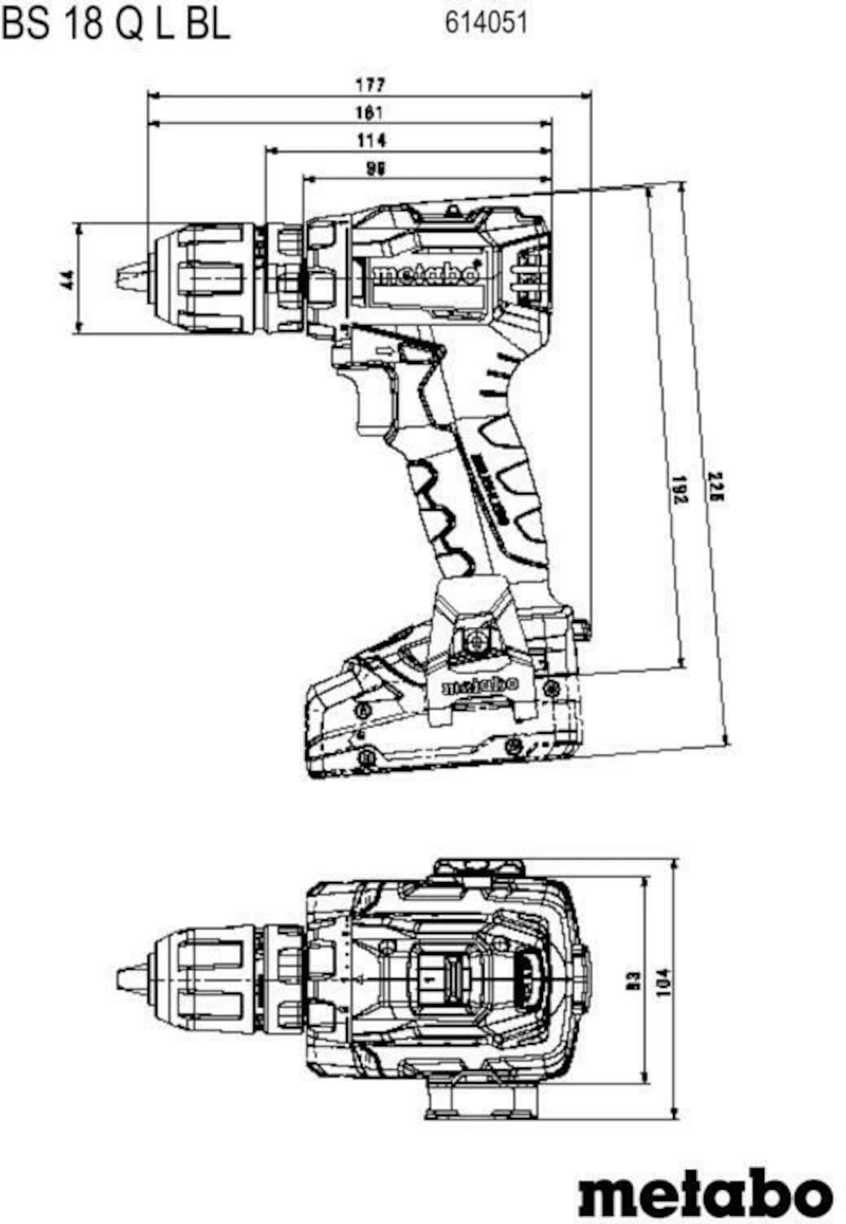 Dibujo técnico de un taladro Metabo BS 18 Q L BL con dimensiones.