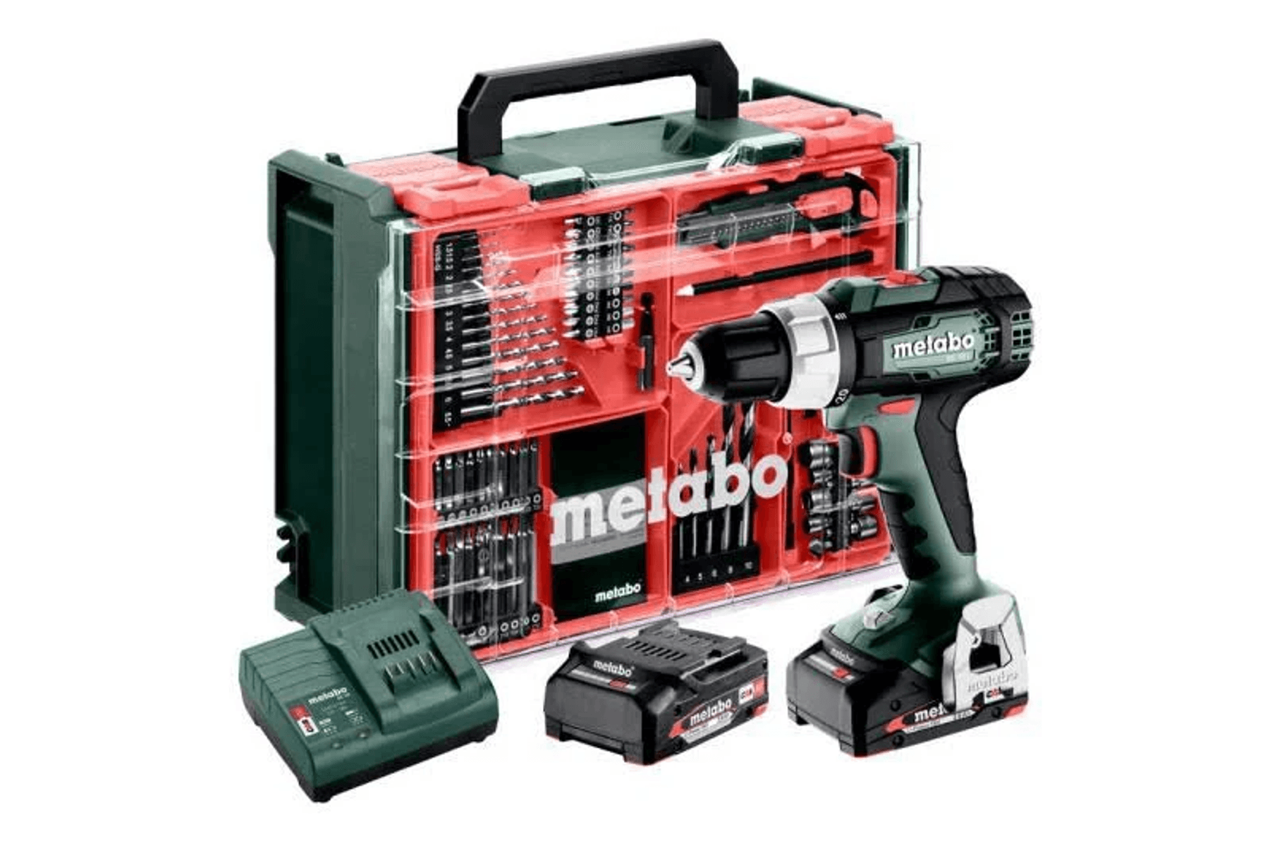 Taladro inalámbrico Metabo con maletín de accesorios, dos baterías y cargador sobre fondo blanco.