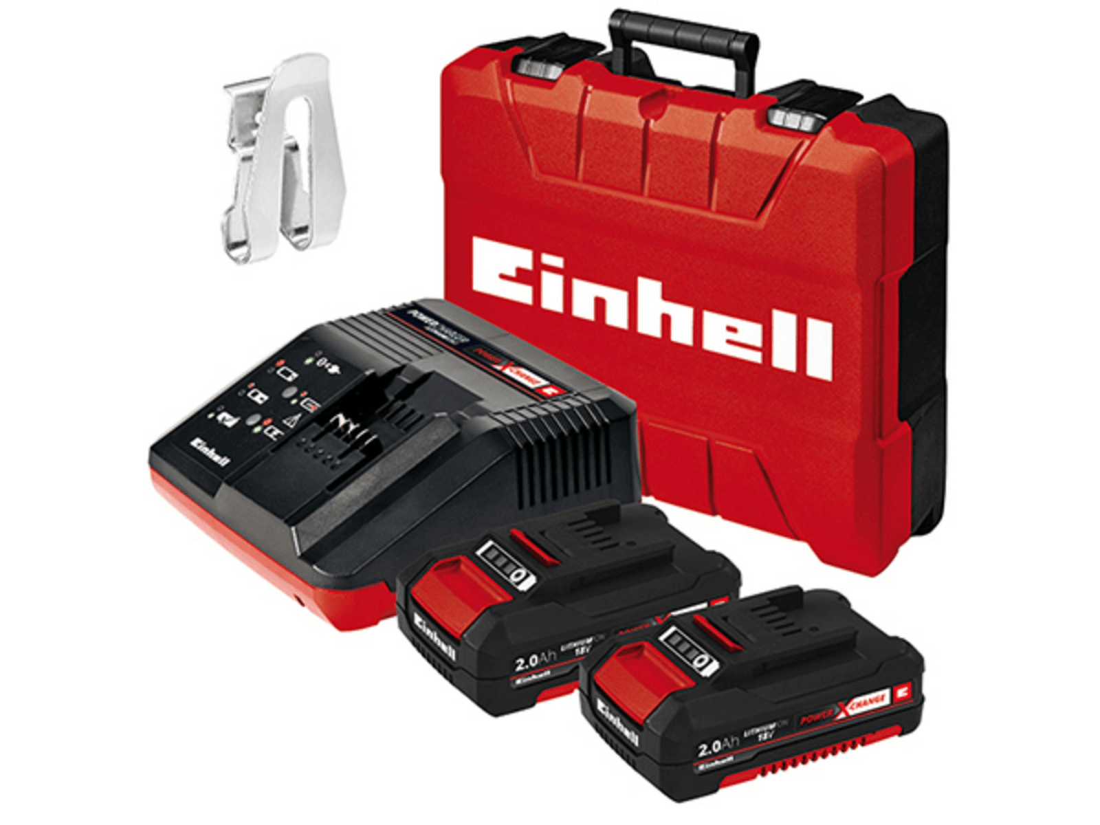Set di attrezzi Einhell con valigetta rossa, caricabatterie, due batterie e clip su sfondo bianco.