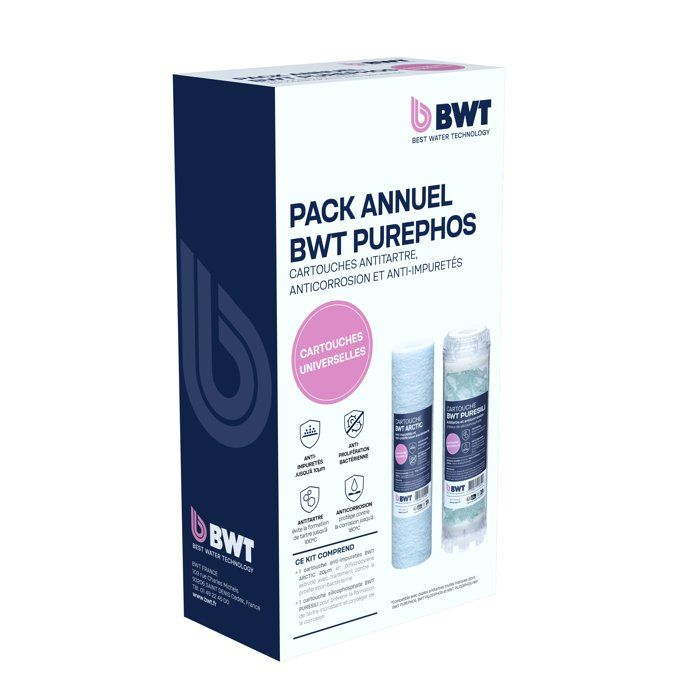 Confezione annuale BWT Purephos, scatola bianca e blu con due cartucce filtro acqua e testo.