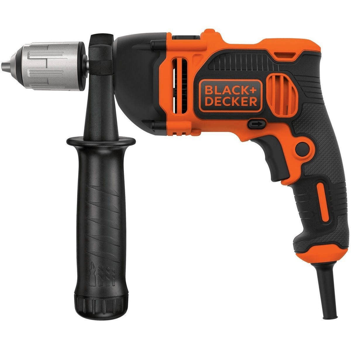 Un trapano a percussione Black+Decker arancione e nero con impugnatura ausiliaria e cavo di alimentazione su sfondo bianco.