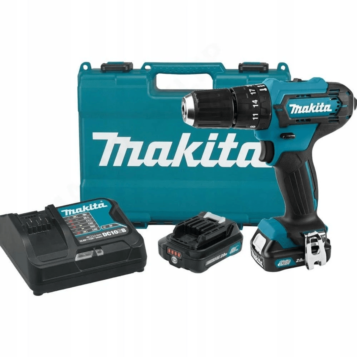 Trapano a batteria Makita con caricabatterie, batteria e valigetta blu.