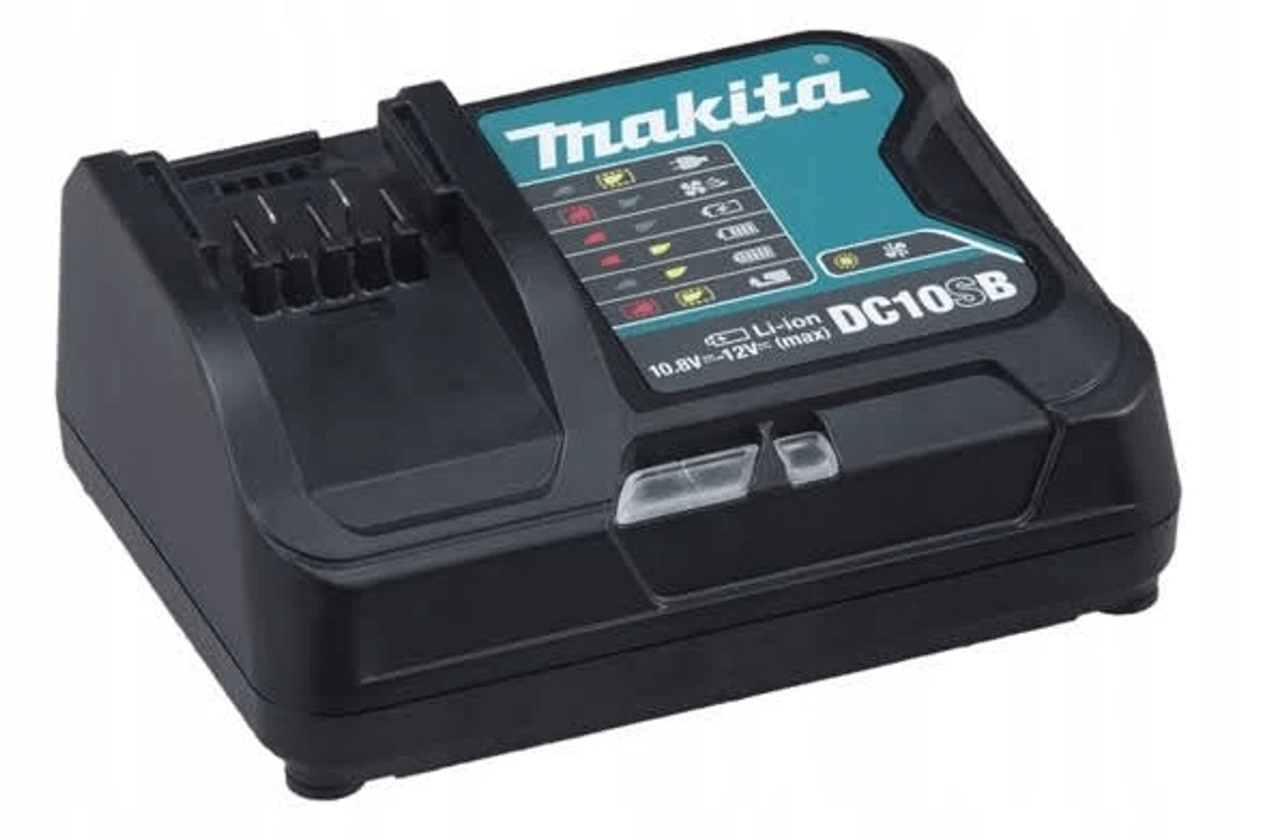 Un caricabatterie agli ioni di litio Makita DC10SB nero con dettagli verde acqua e spie di carica.