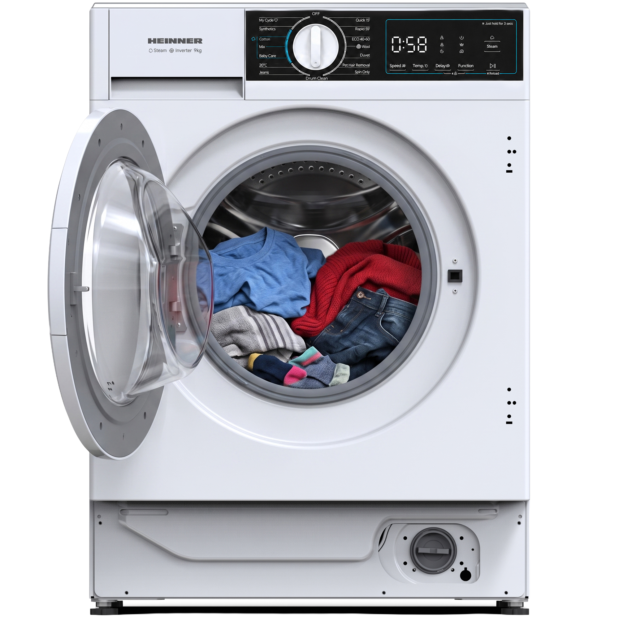 Une machine à laver blanche avec la porte ouverte, remplie de linge coloré à l'intérieur.