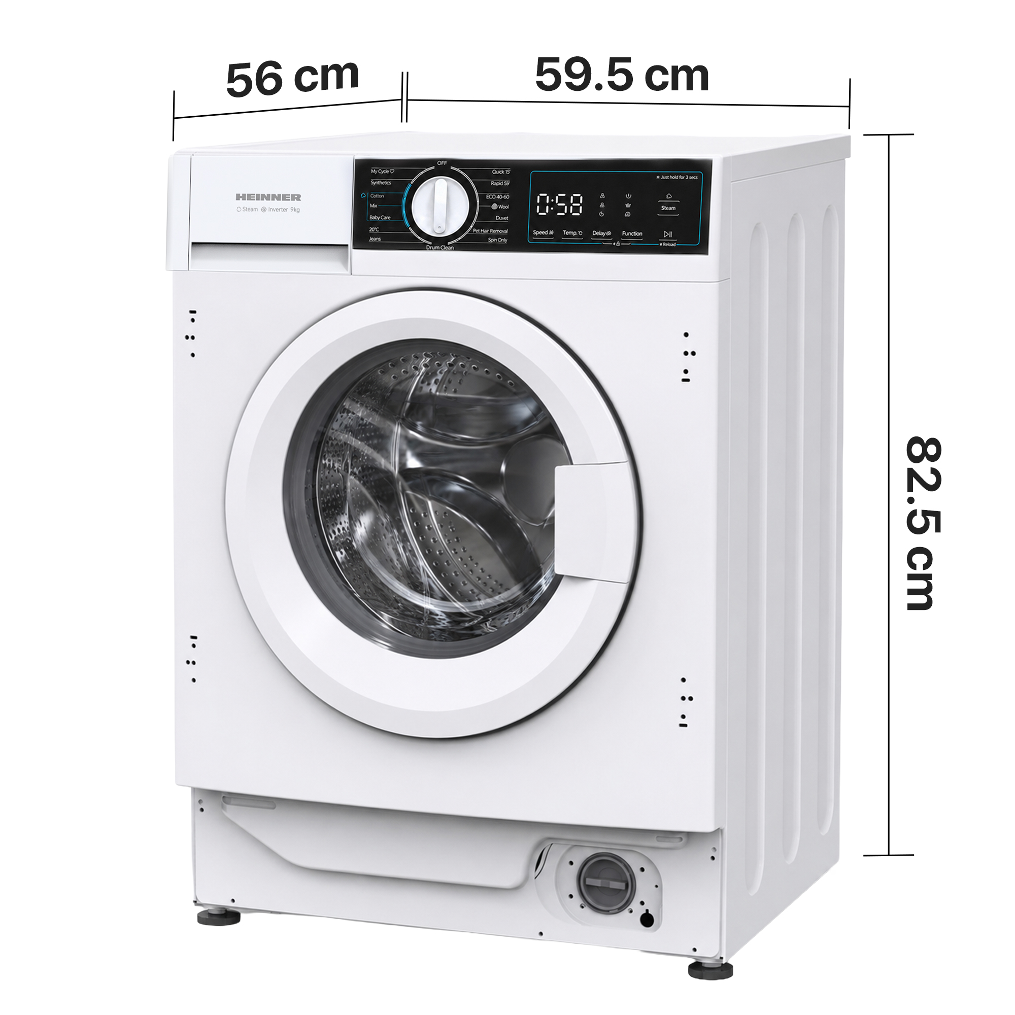 Lave-linge blanc Heinner avec dimensions 82,5x59,5x56 cm et panneau numérique.
