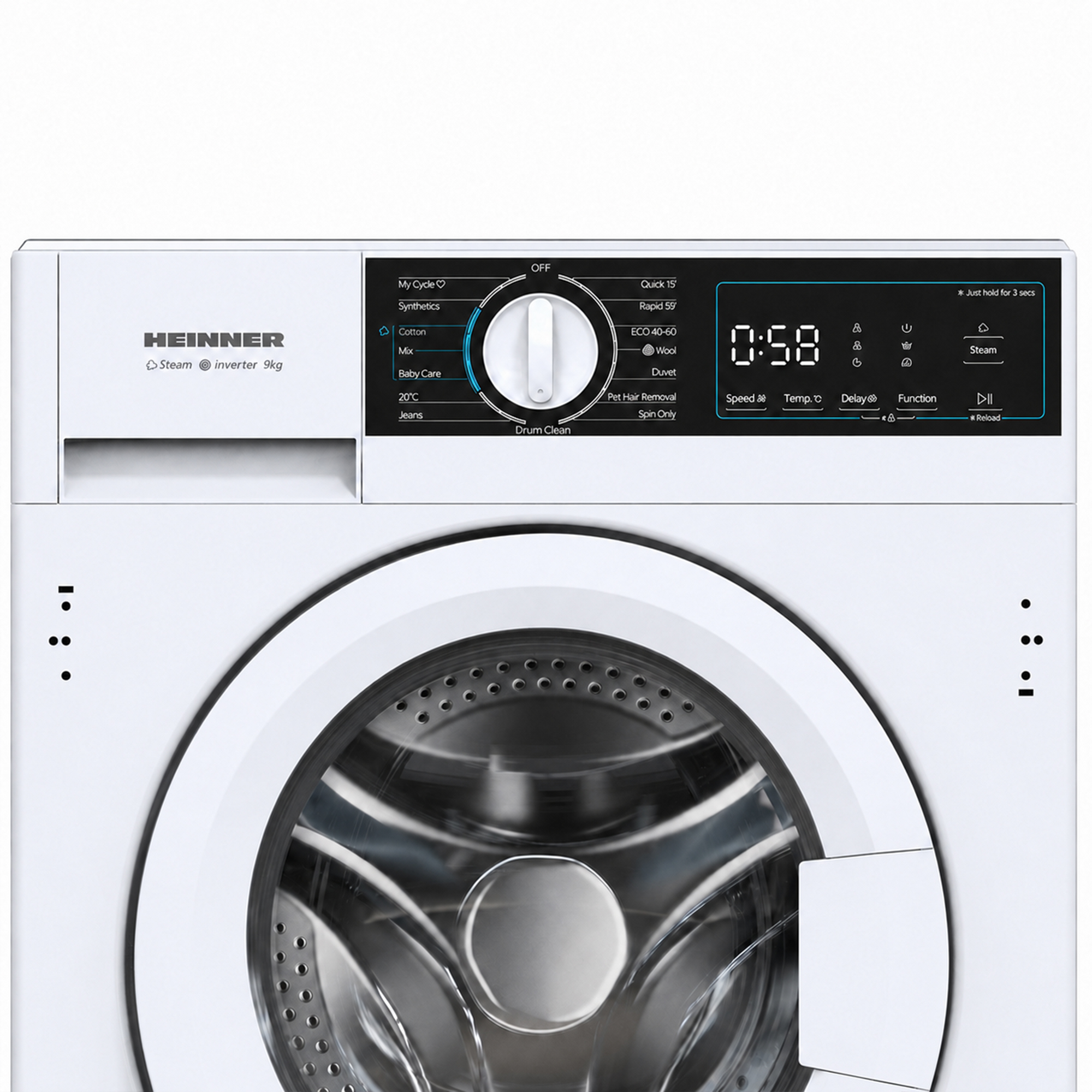 Lave-linge inverter Heinner blanc avec affichage numérique, bouton rotatif et hublot sur fond clair.