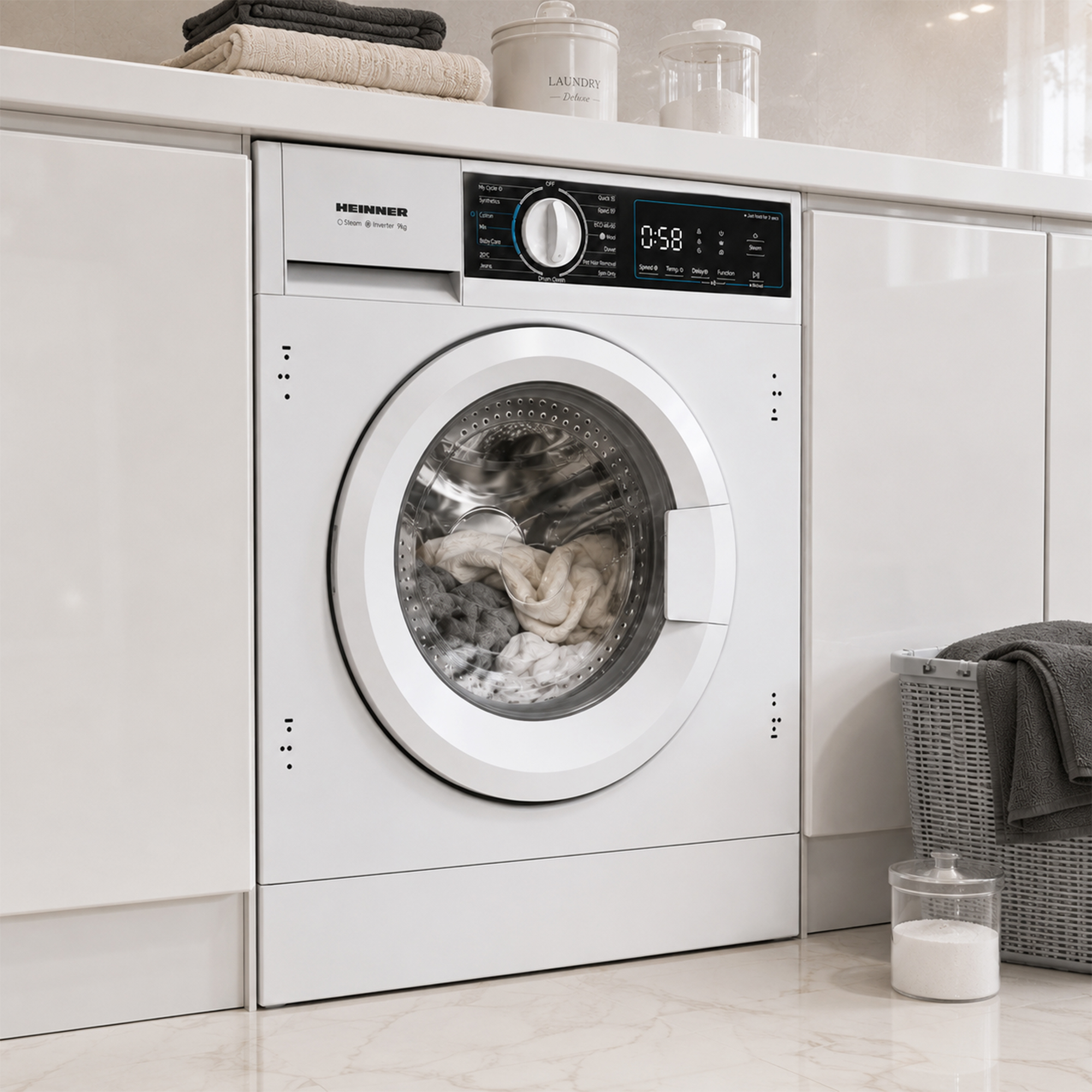 Un lave-linge blanc Heinner est dans une cuisine, rempli de vêtements et à côté d'un panier à linge gris.