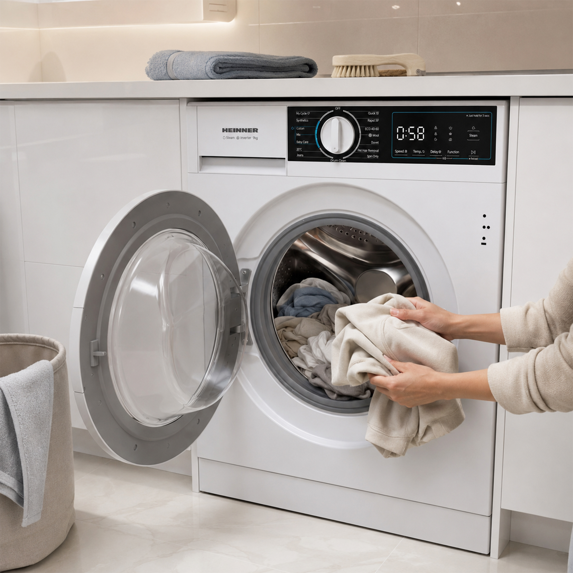 Une personne charge du linge dans un lave-linge blanc Heinner dans une buanderie.